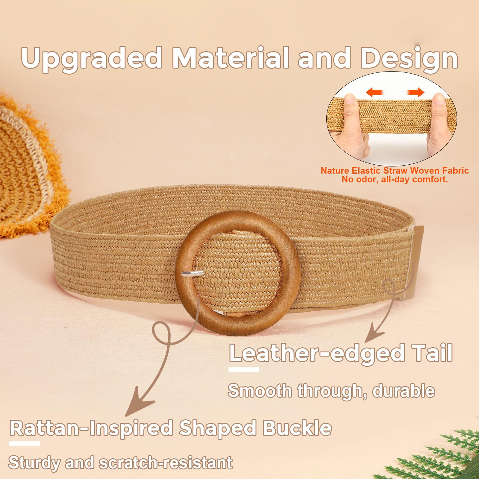 Straw Woven Braided Elastic Belt with Round Buckle - JASGOOD OFFICIAL