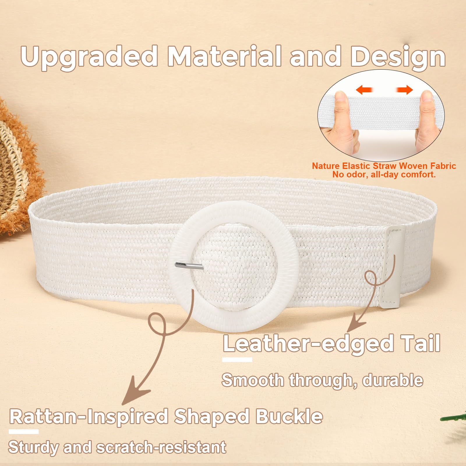 Straw Woven Braided Elastic Belt with Round Buckle - JASGOOD OFFICIAL