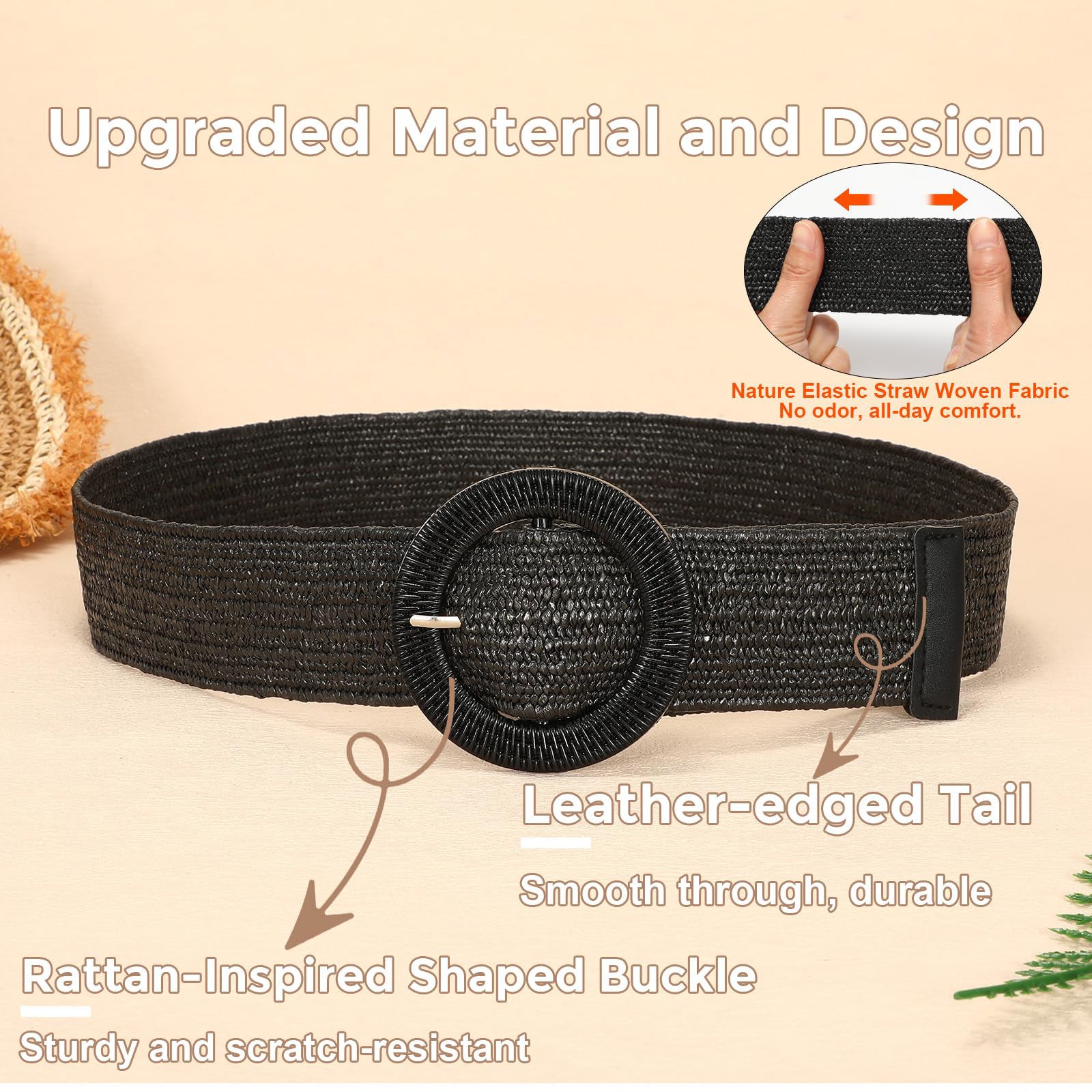 Straw Woven Braided Elastic Belt with Round Buckle - JASGOOD OFFICIAL