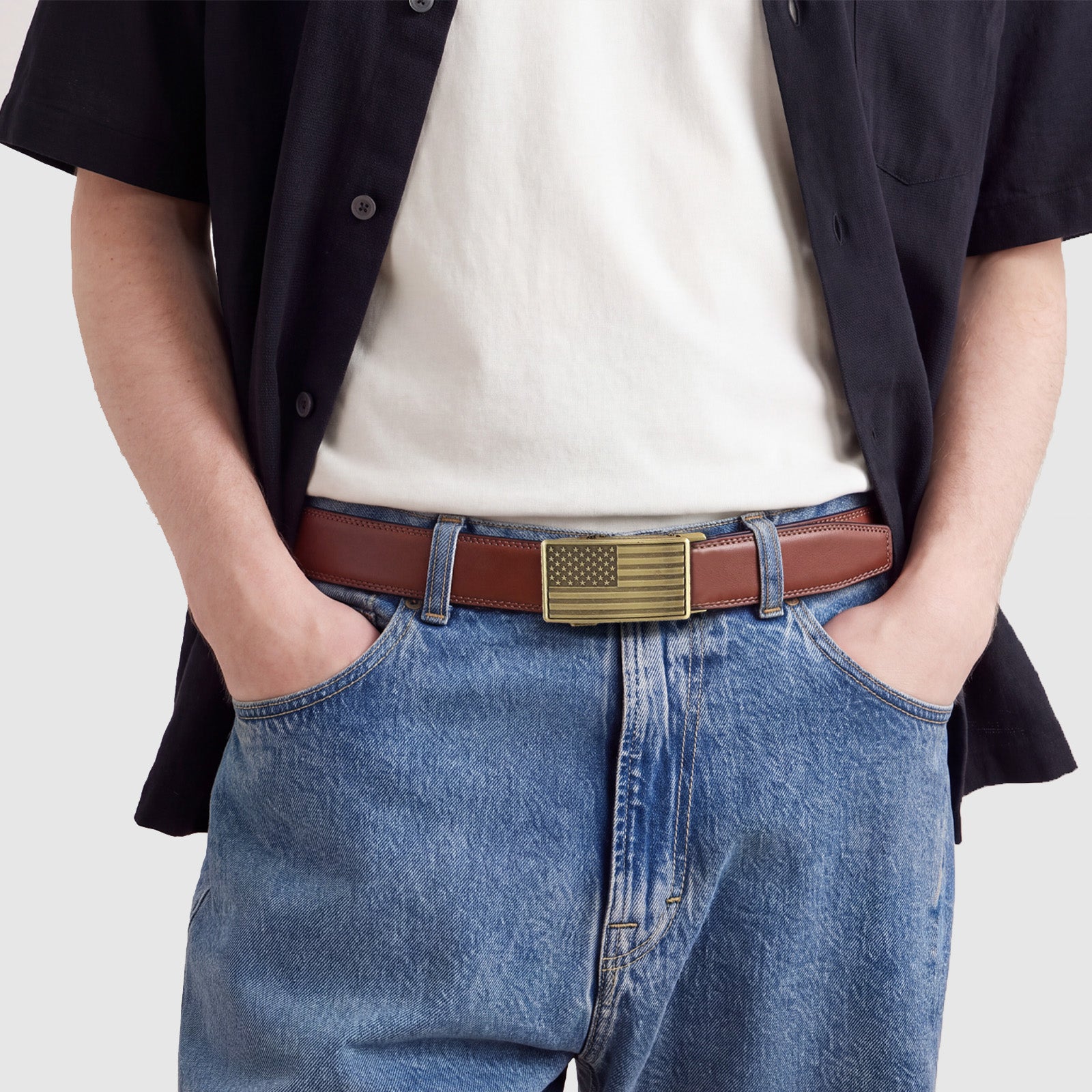 Mens Ratchet Belts Leather 1 3/8" Sliding Belt with American Flag Buckle
