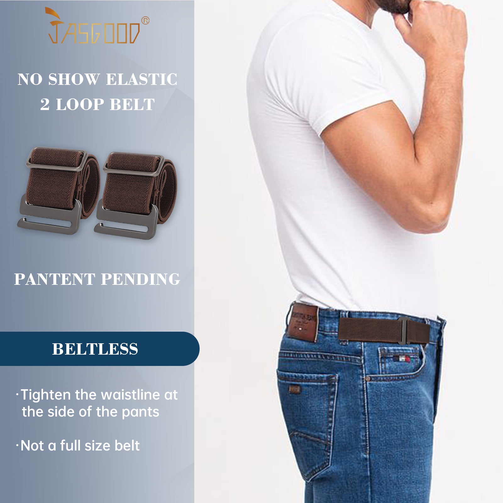JASGOOD No Show Elastic 2 Loops Belt for Men,No Buckle Stretch Side Belt Pant Waist Tightener for Jeans - JASGOOD OFFICIAL