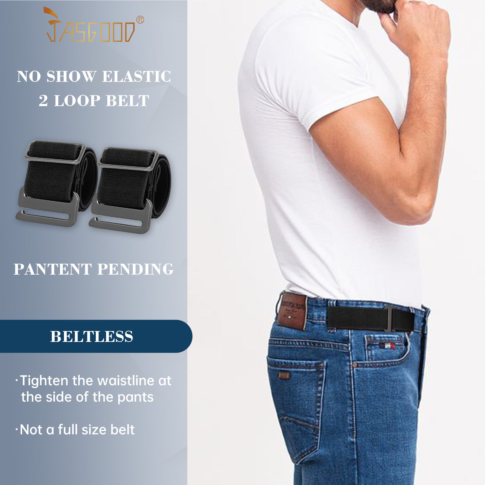 JASGOOD No Show Elastic 2 Loops Belt for Men,No Buckle Stretch Side Belt Pant Waist Tightener for Jeans - JASGOOD OFFICIAL