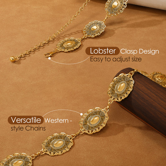JASGOOD Women Boho Chain Belts For Dresses Jeans Western Cowgirl Waist Links Belt Adjustable Metal Concho Belt