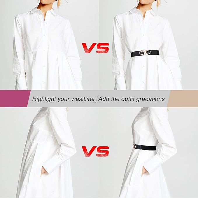 WERFORU Women Thin Elastic Belts,Skinny Stretch Vintage Fashion Waistband for Dress with Gold Buckle 4 Pack