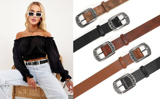 Copy of JASGOOD 1 Pack Black Flower Pattern Design Faux Leather Zinc Alloy Pin Buckle Women Belt For Jeans