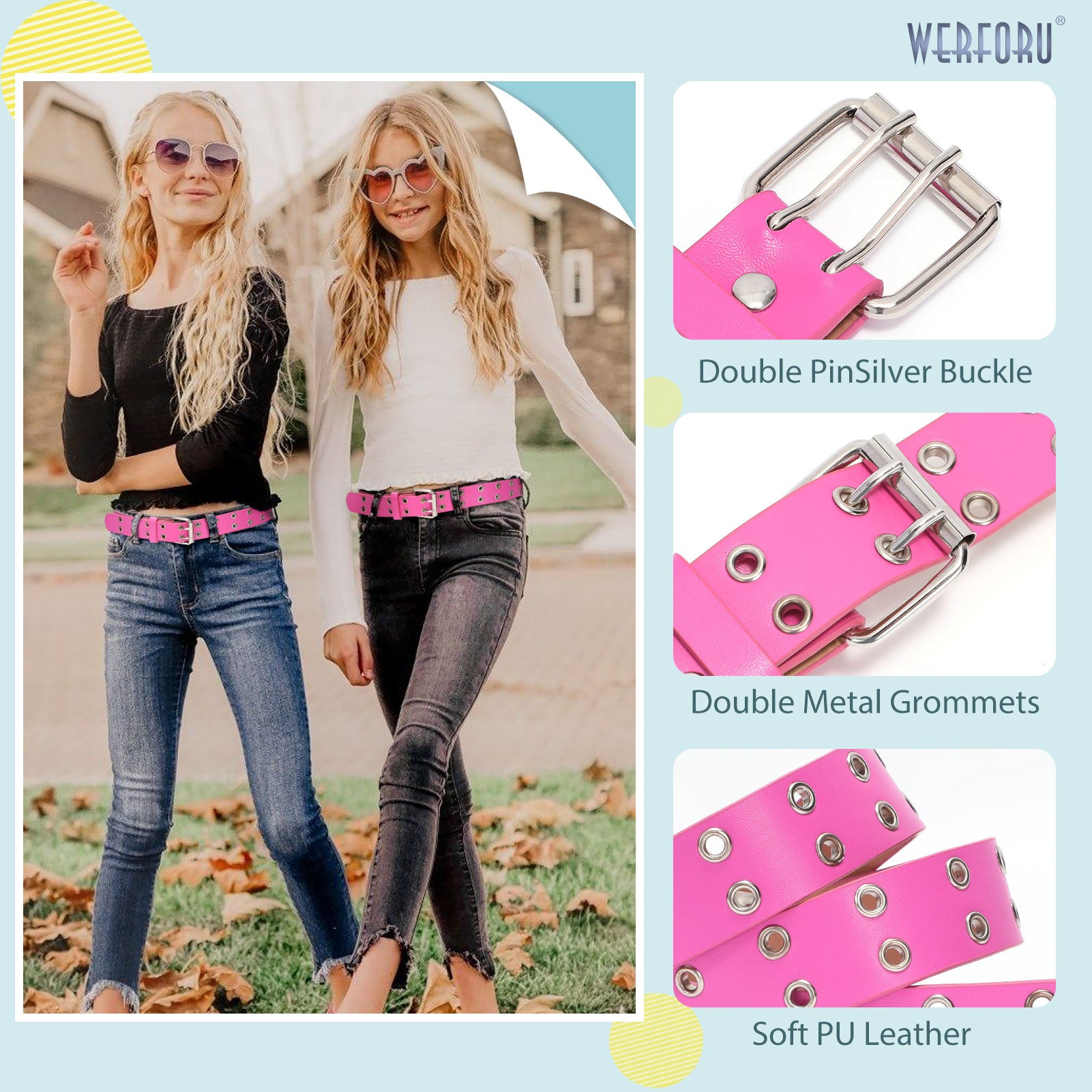 Kids Double Grommet Pu Leather Studded Holes Belt - JASGOOD OFFICIAL
