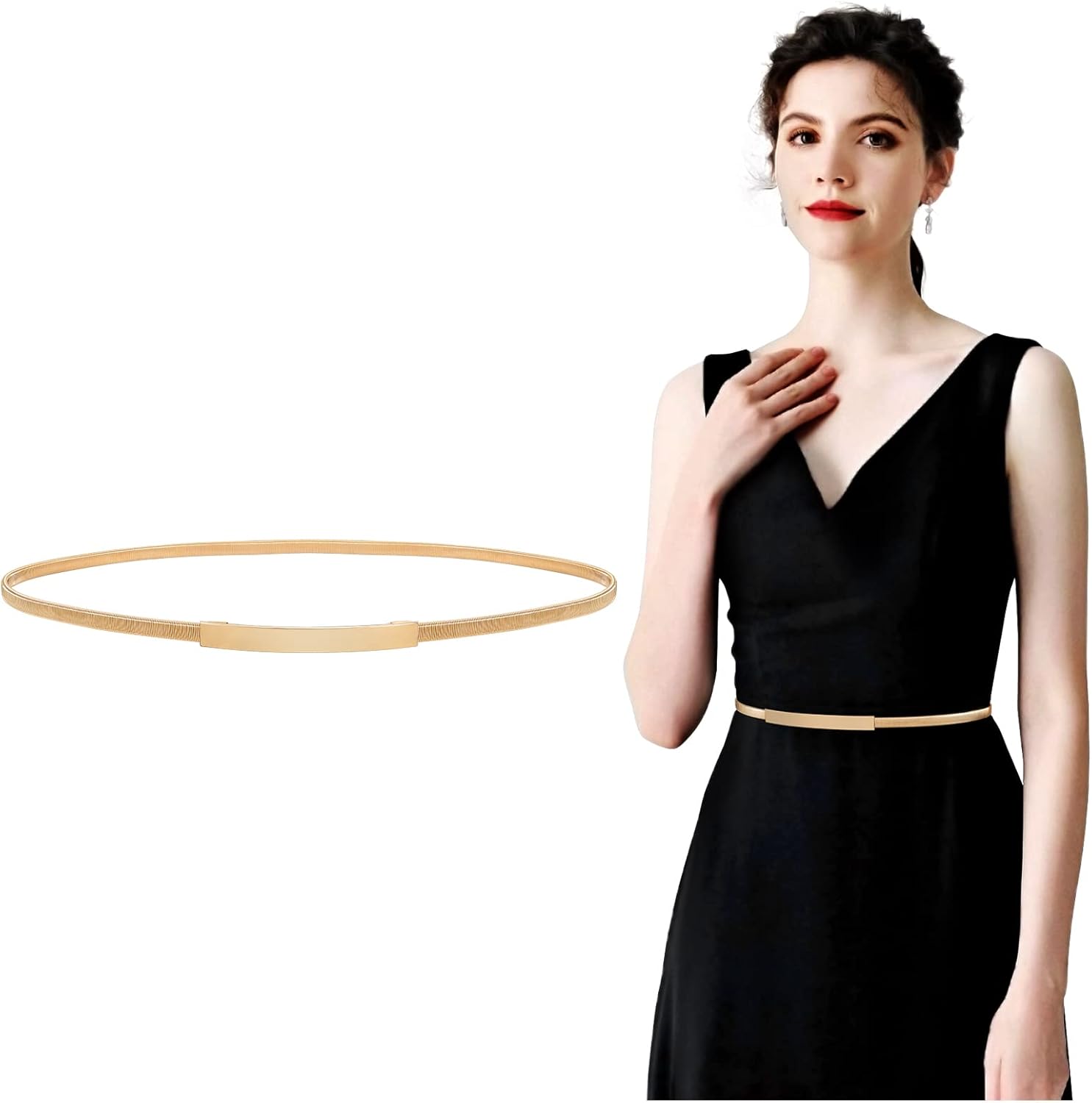 JASGOOD Women Skinny Metal Waist Belt Gold Waistband Elastic Metal Chain Waist Belt for Dress