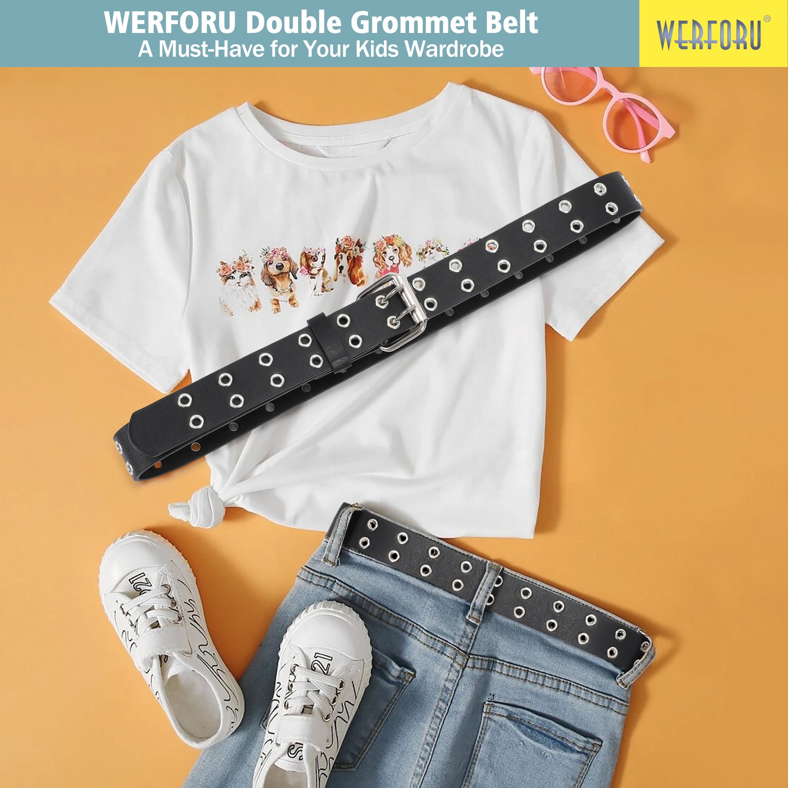 Kids Double Grommet Pu Leather Studded Holes Belt - JASGOOD OFFICIAL