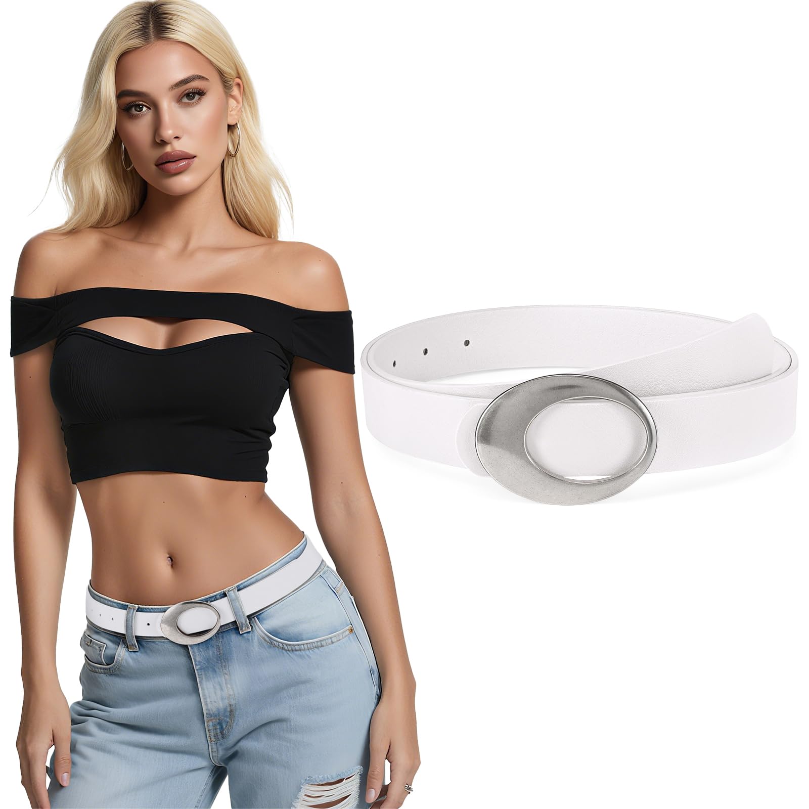 JASGOOD Women Leather Belt with Timeless Oval Silver Buckle Trendy PU Leather Waist Belt for Ladies Jeans Dress Pants