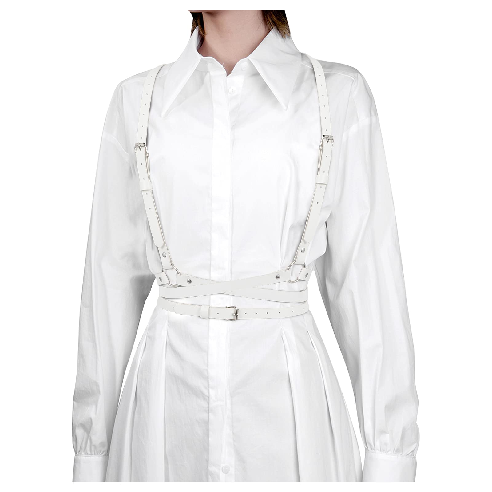 JASGOOD Punk Waist Belt Women PU Leather Skinny Body Adjustable Belts with Gothic Circle for Party