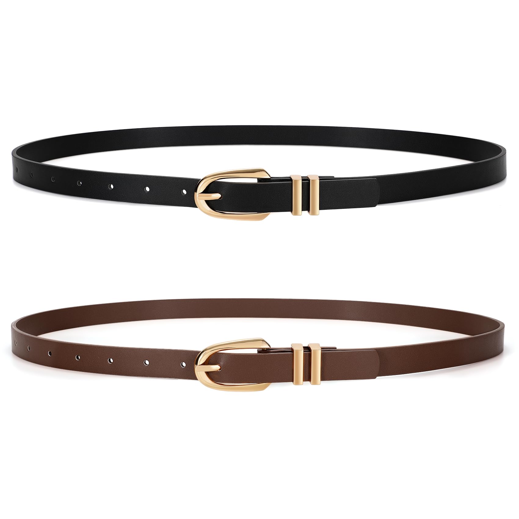 JASGOOD 2 Pack Women Skinny PU Leather Belt Ladies Thin Leather Plus Size Waist Belt for Jeans Dress with Gold Buckle
