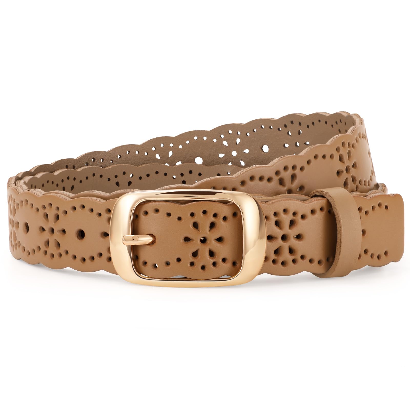 JASGOOD Leather Belt for Women Hollow Flower Leather Belt for Jeans Pants Fashion Waist Belt with Gold Buckle