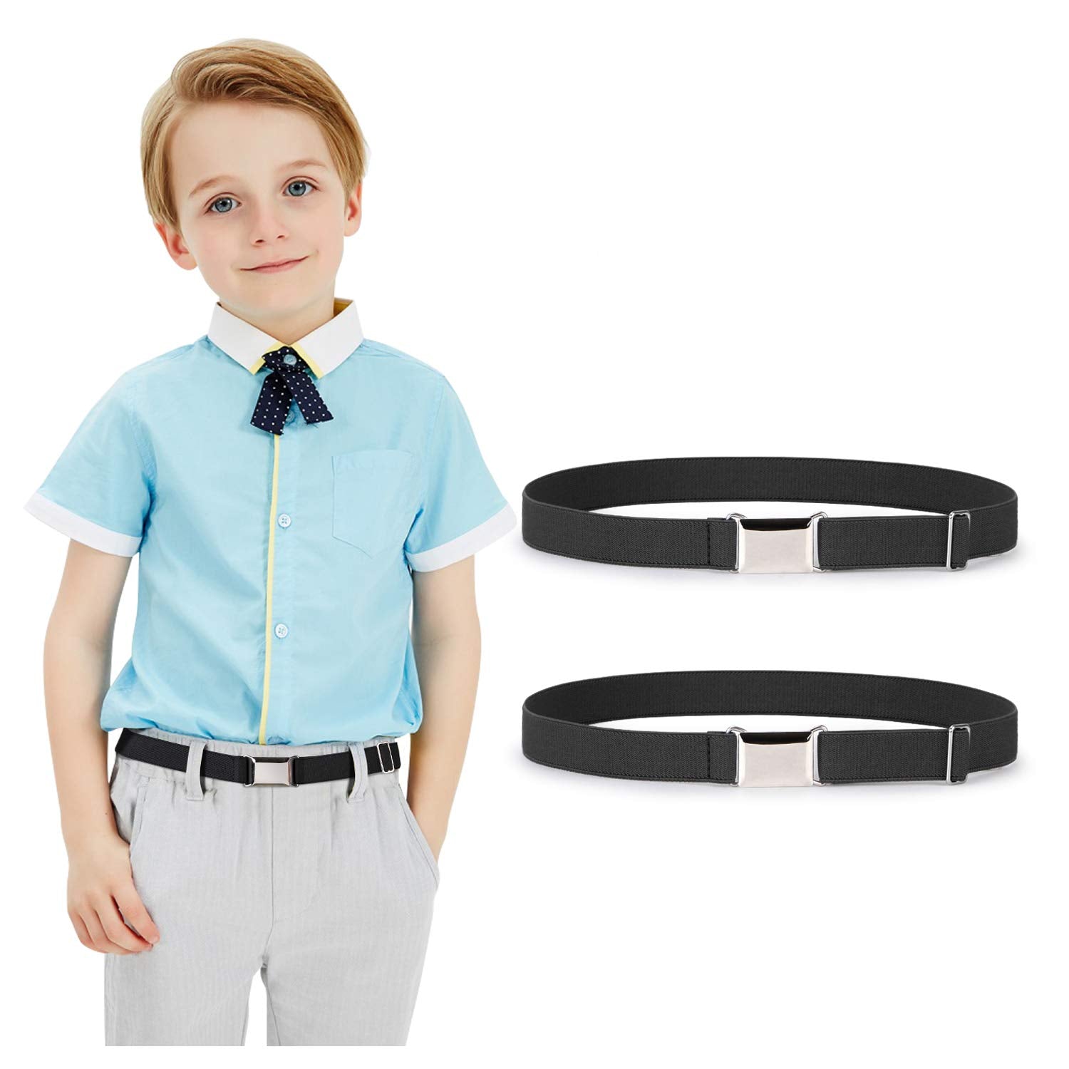 JASGOOD Kids Toddler Belt Elastic Stretch Adjustable Belt for Boys and Girls with Silver Square Buckle 2 Pack