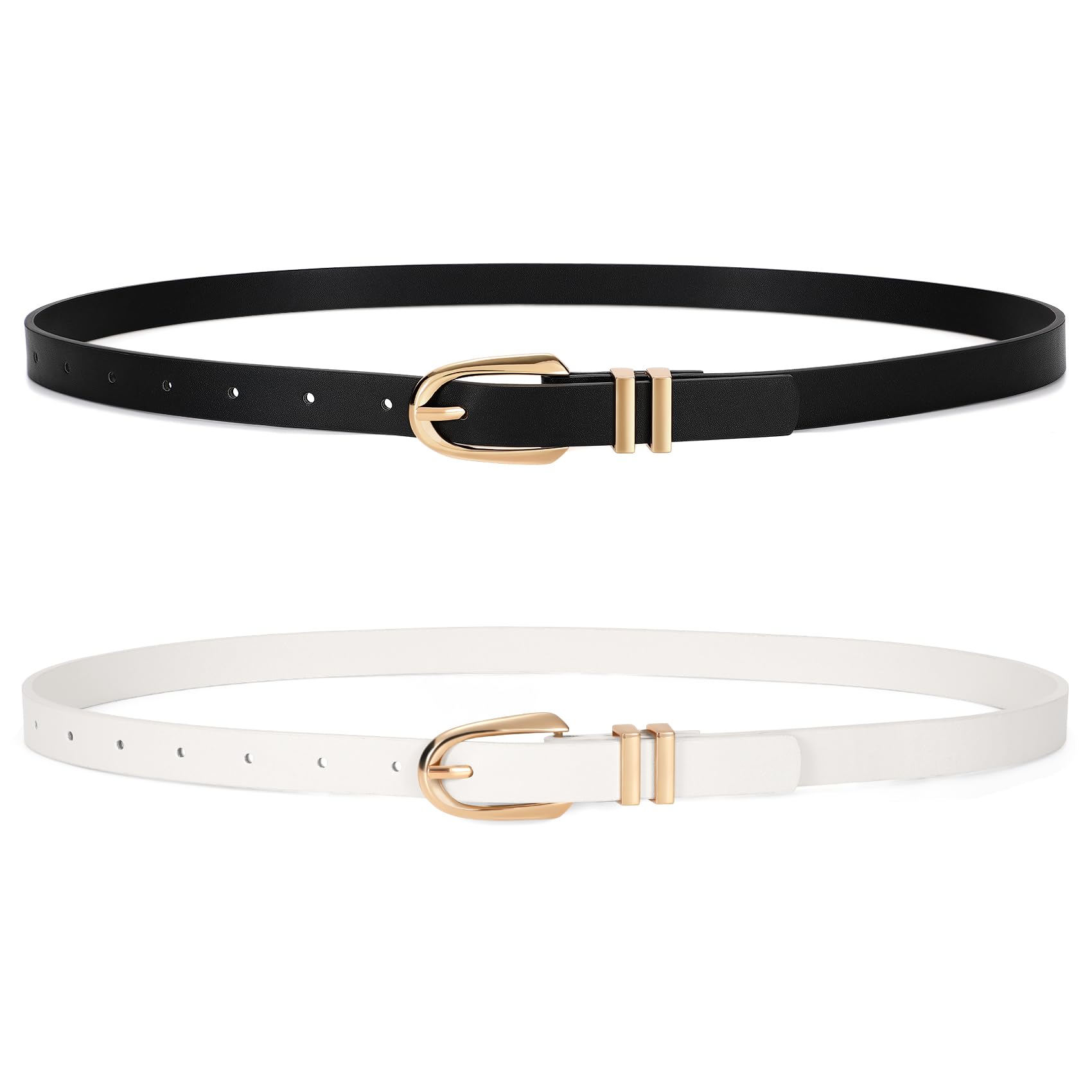JASGOOD 2 Pack Women Skinny PU Leather Belt Ladies Thin Leather Plus Size Waist Belt for Jeans Dress with Gold Buckle