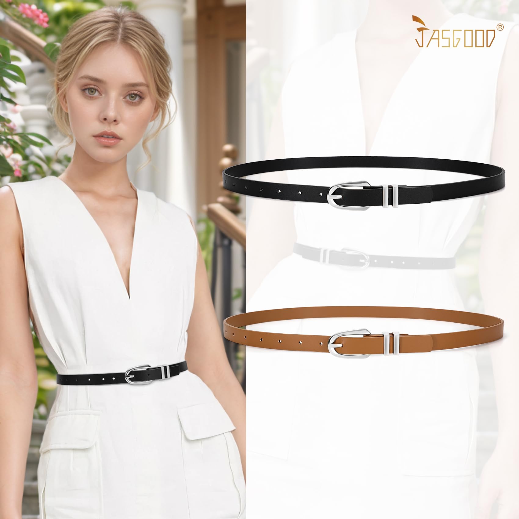 JASGOOD 2 Pack Women Skinny PU Leather Belt Ladies Thin Leather Plus Size Waist Belt for Jeans Dress with Gold Buckle