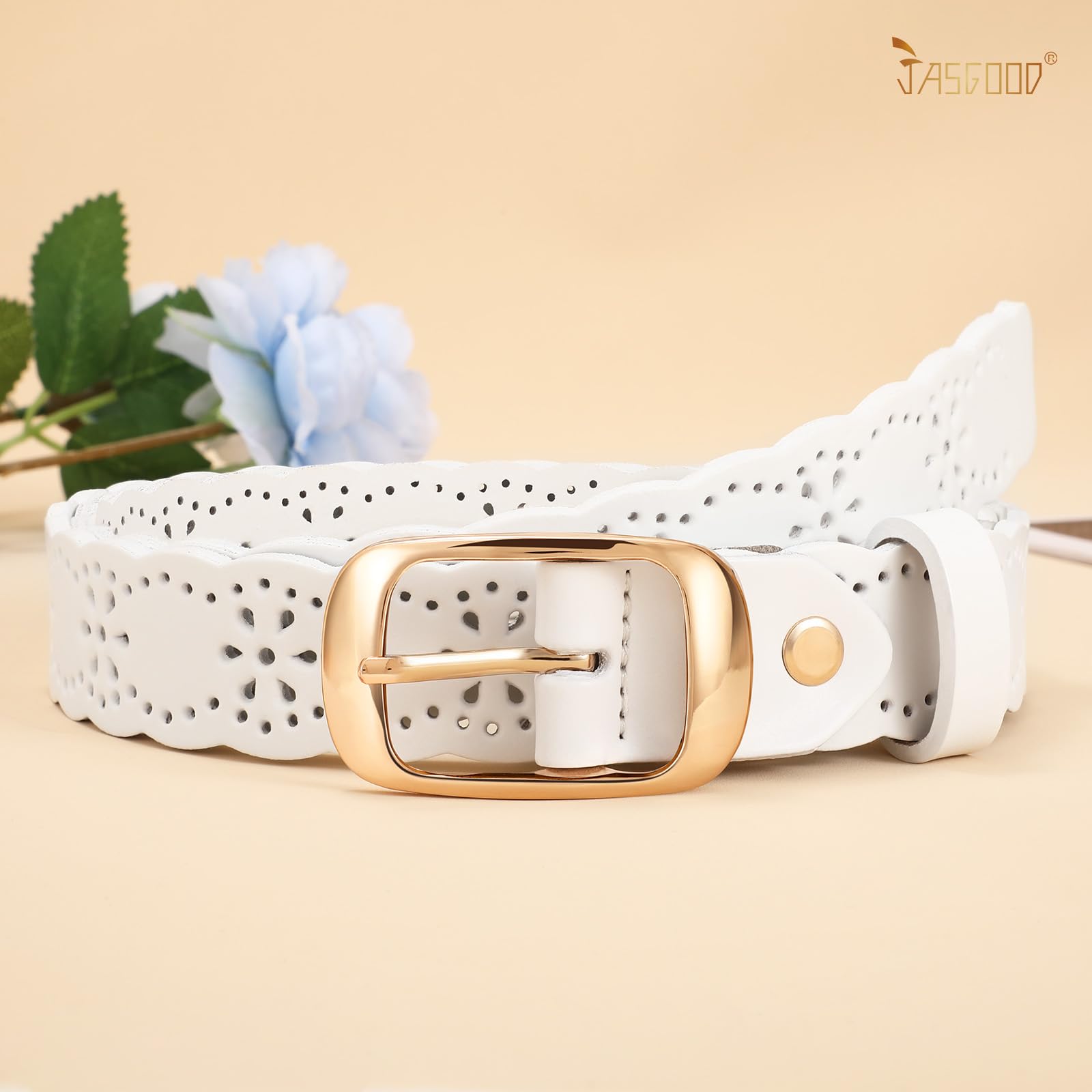 JASGOOD Leather Belt for Women Hollow Flower Leather Belt for Jeans Pants Fashion Waist Belt with Gold Buckle