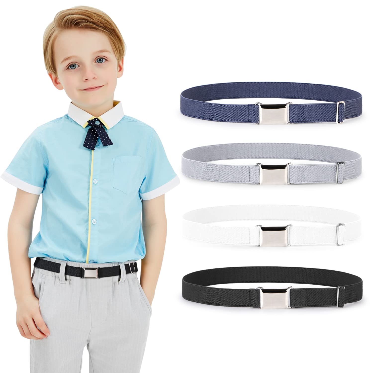 JASGOOD Kids Toddler Belt Elastic Stretch Adjustable Belt for Boys and Girls with Silver Square Buckle 2 Pack