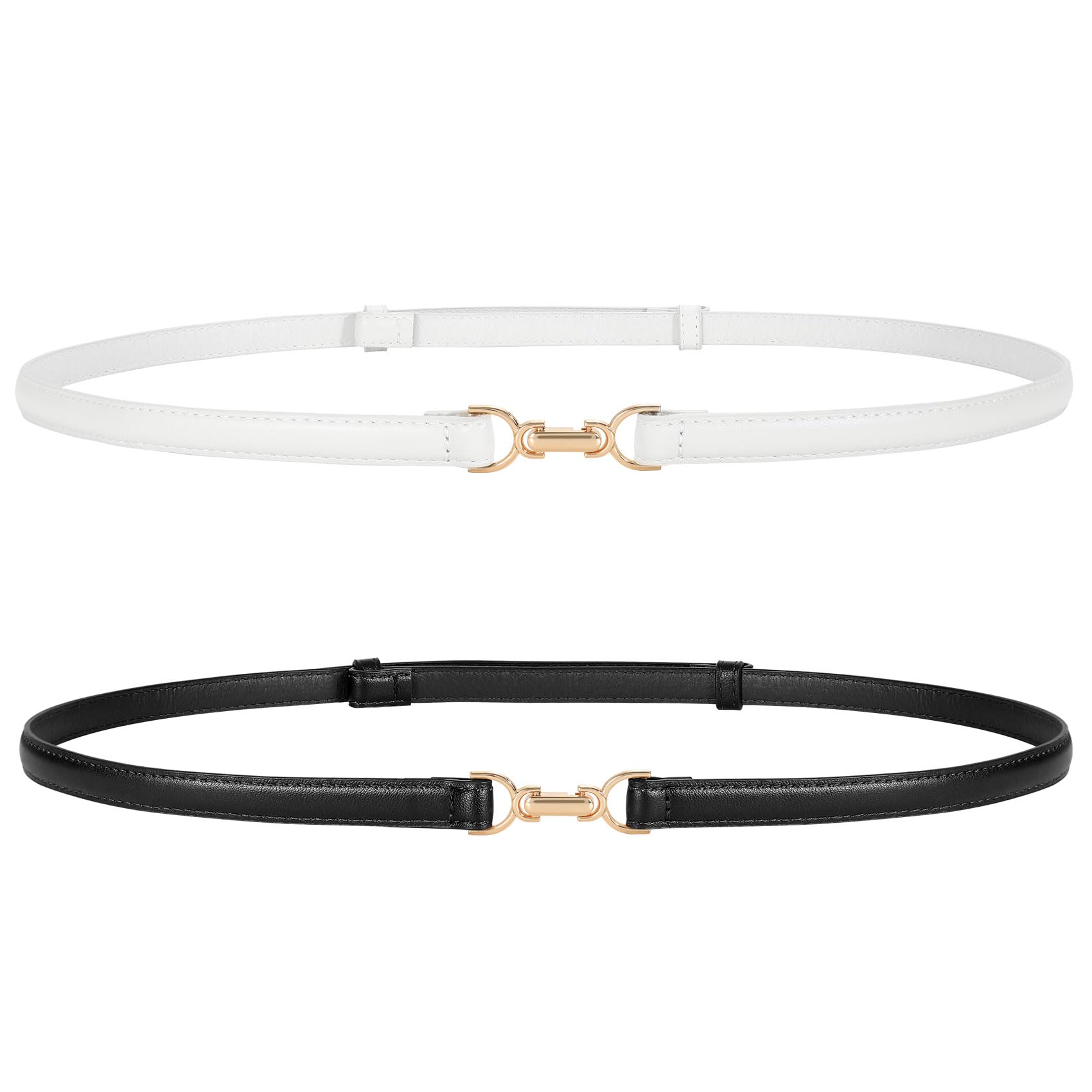 JASGOOD 2 Pack Women Skinny Faux Leather Belts Thin Waist Belts With Adjustable Gold Buckle for Dresses Jeans