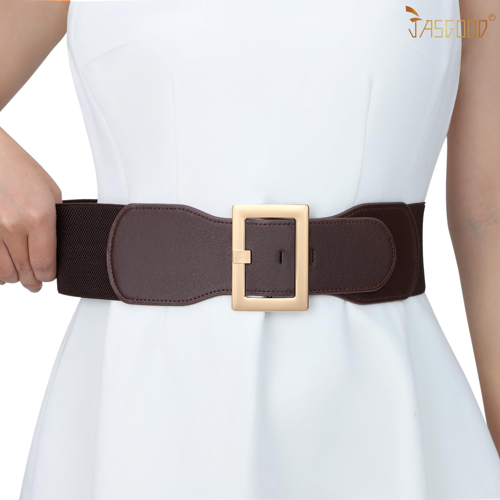 JASGOOD Women Wide Elastic Belt Stretchy Vintage Waist Belts for Dress Santa Belt with Square Buckle