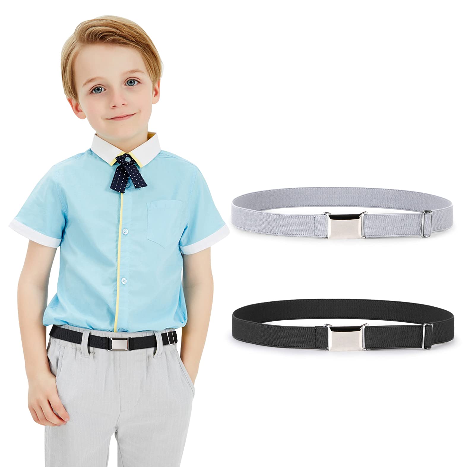 JASGOOD Kids Toddler Belt Elastic Stretch Adjustable Belt for Boys and Girls with Silver Square Buckle 2 Pack