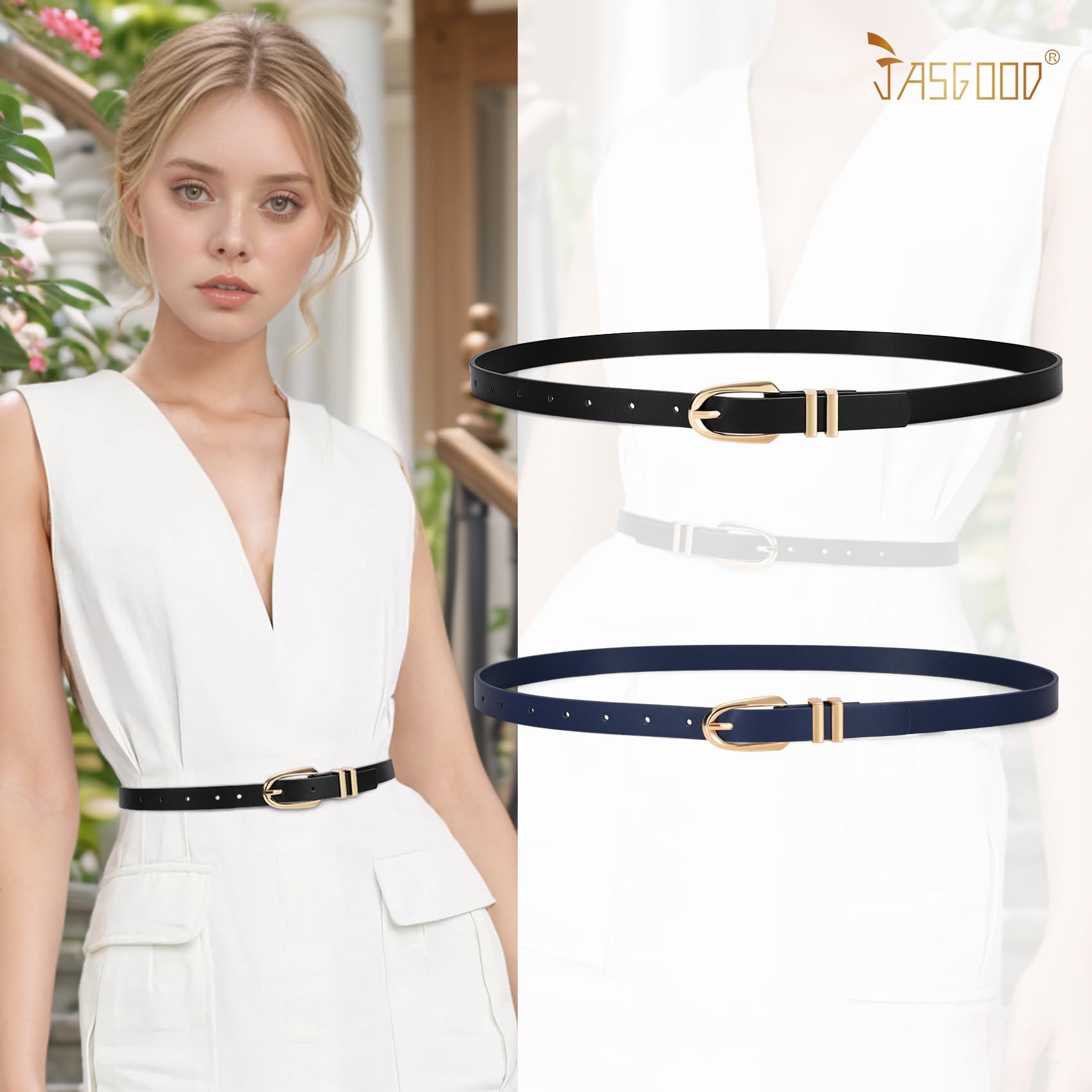 JASGOOD 2 Pack Women Skinny PU Leather Belt Ladies Thin Leather Plus Size Waist Belt for Jeans Dress with Gold Buckle