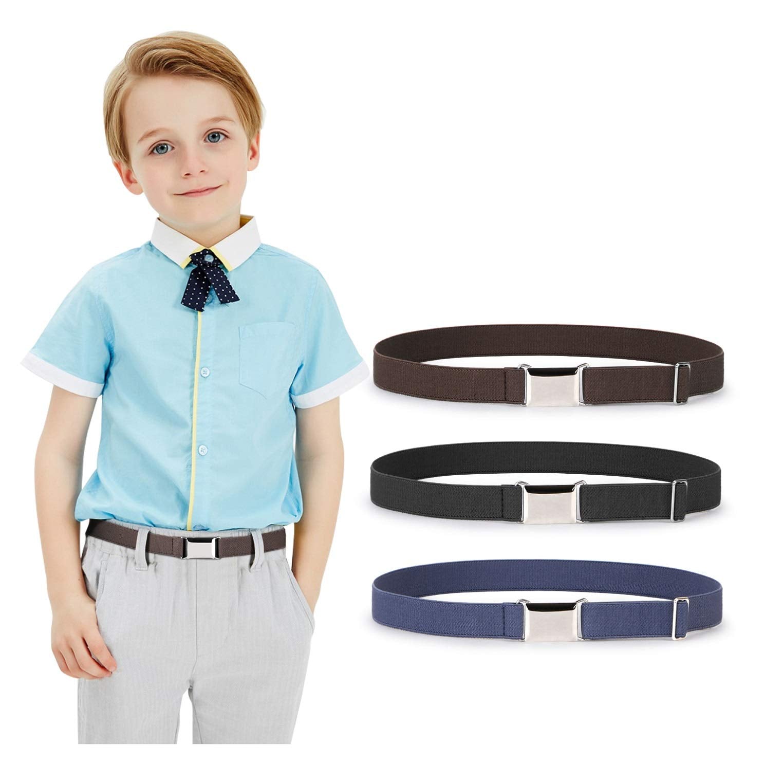 JASGOOD Kids Toddler Belt Elastic Stretch Adjustable Belt for Boys and Girls with Silver Square Buckle 2 Pack