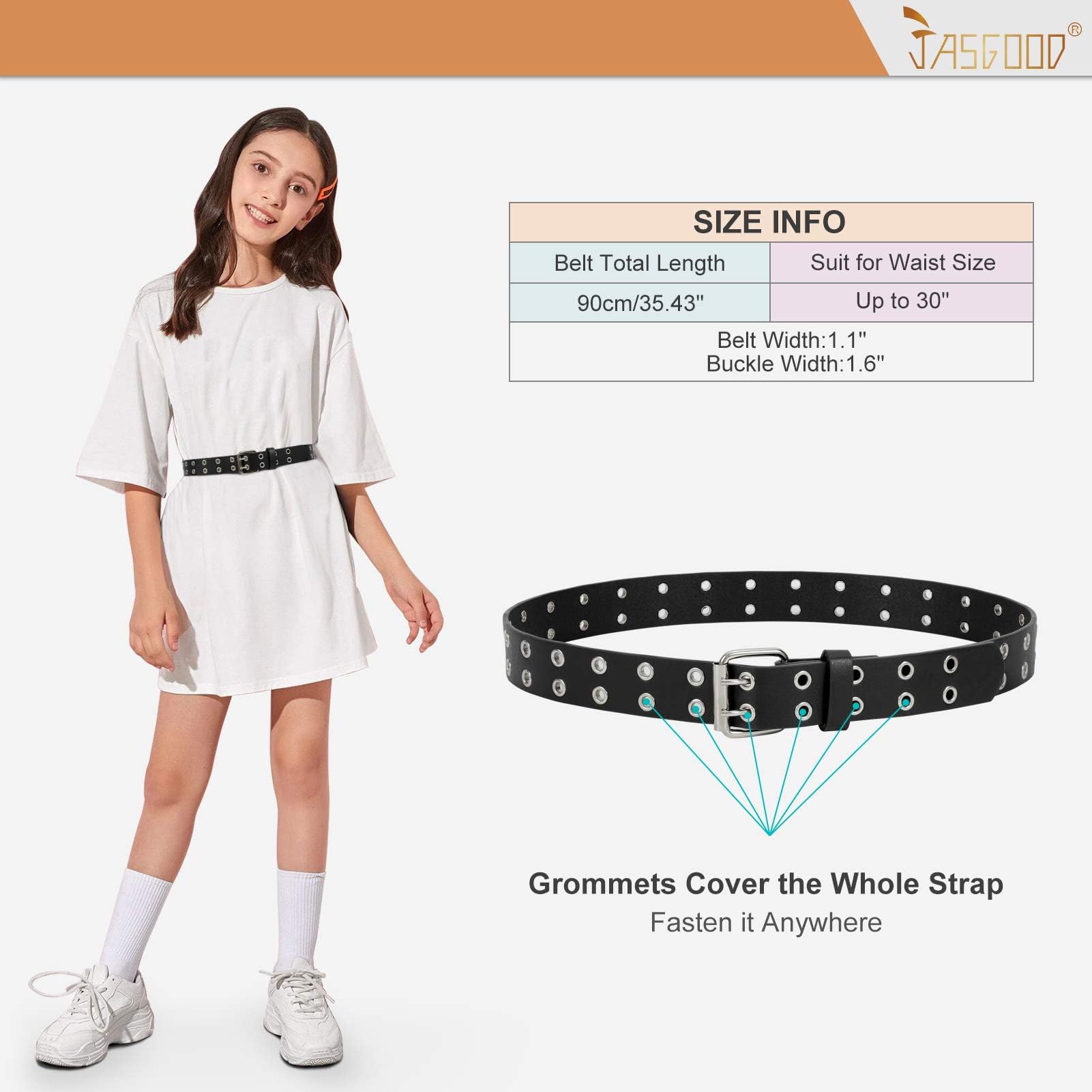 JASGOOD 2 Pack Kids Double Grommet Belt for Girls and Boys, PU Leather Kids Double Studded Holes Belt for Jeans Pants