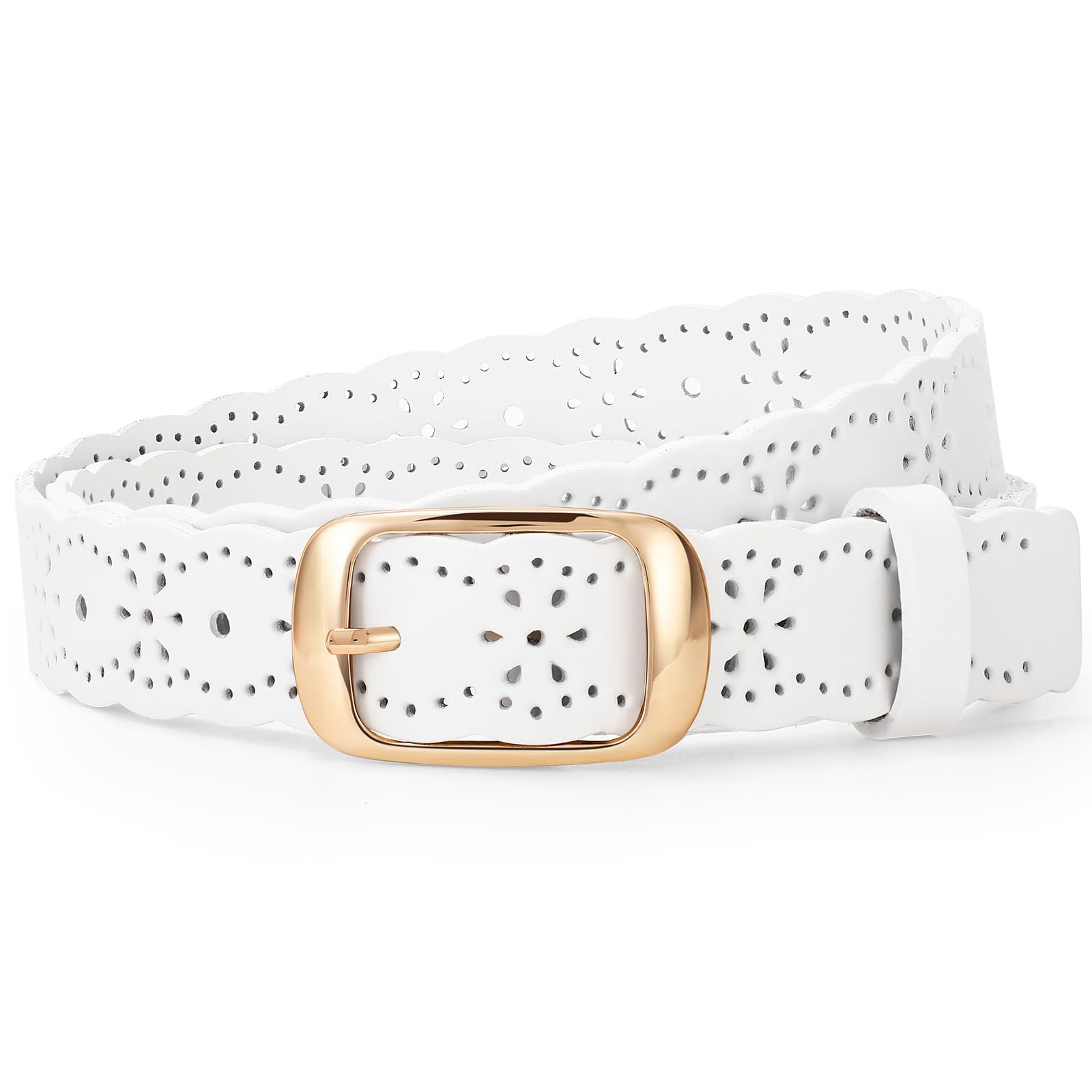 JASGOOD Leather Belt for Women Hollow Flower Leather Belt for Jeans Pants Fashion Waist Belt with Gold Buckle