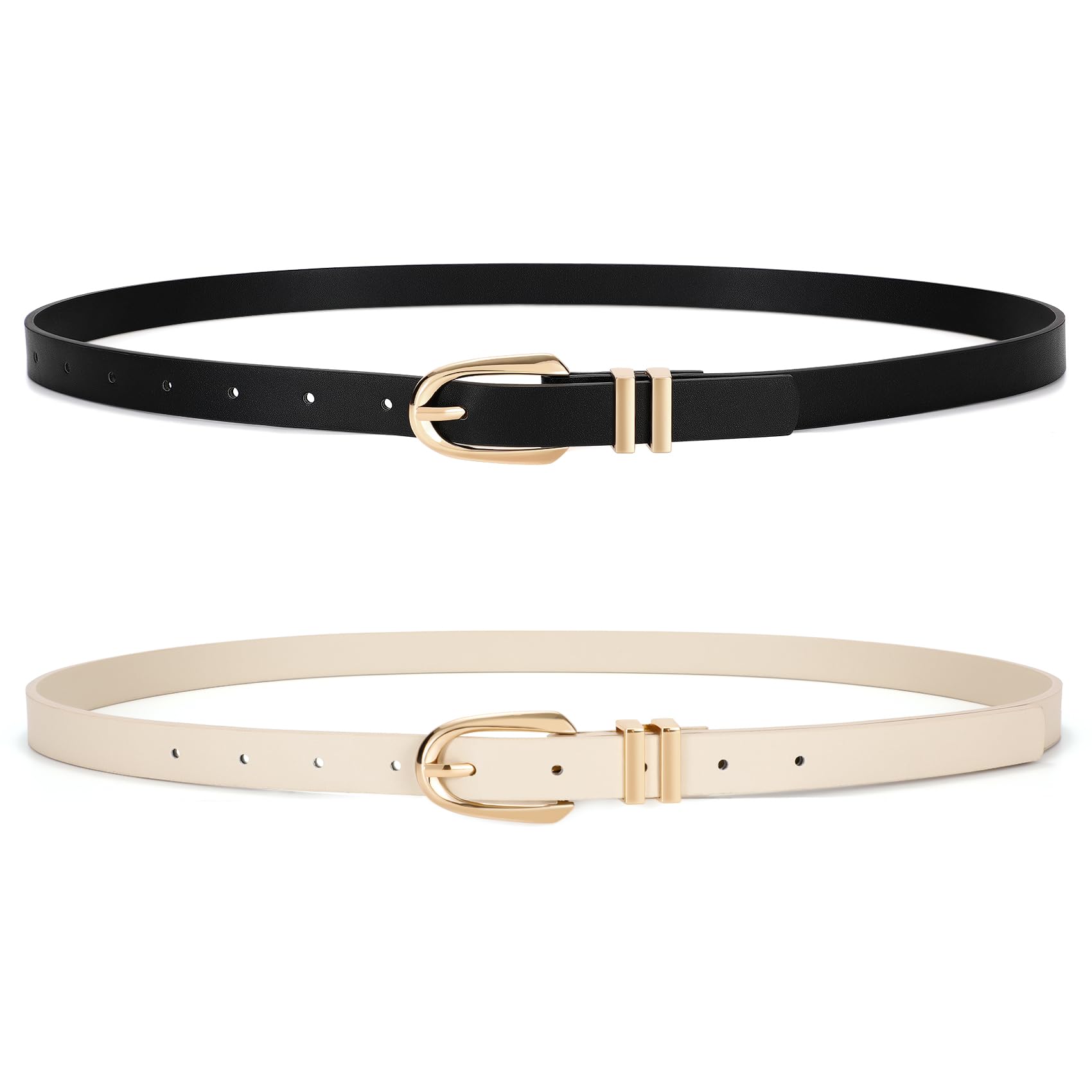 JASGOOD 2 Pack Women Skinny PU Leather Belt Ladies Thin Leather Plus Size Waist Belt for Jeans Dress with Gold Buckle