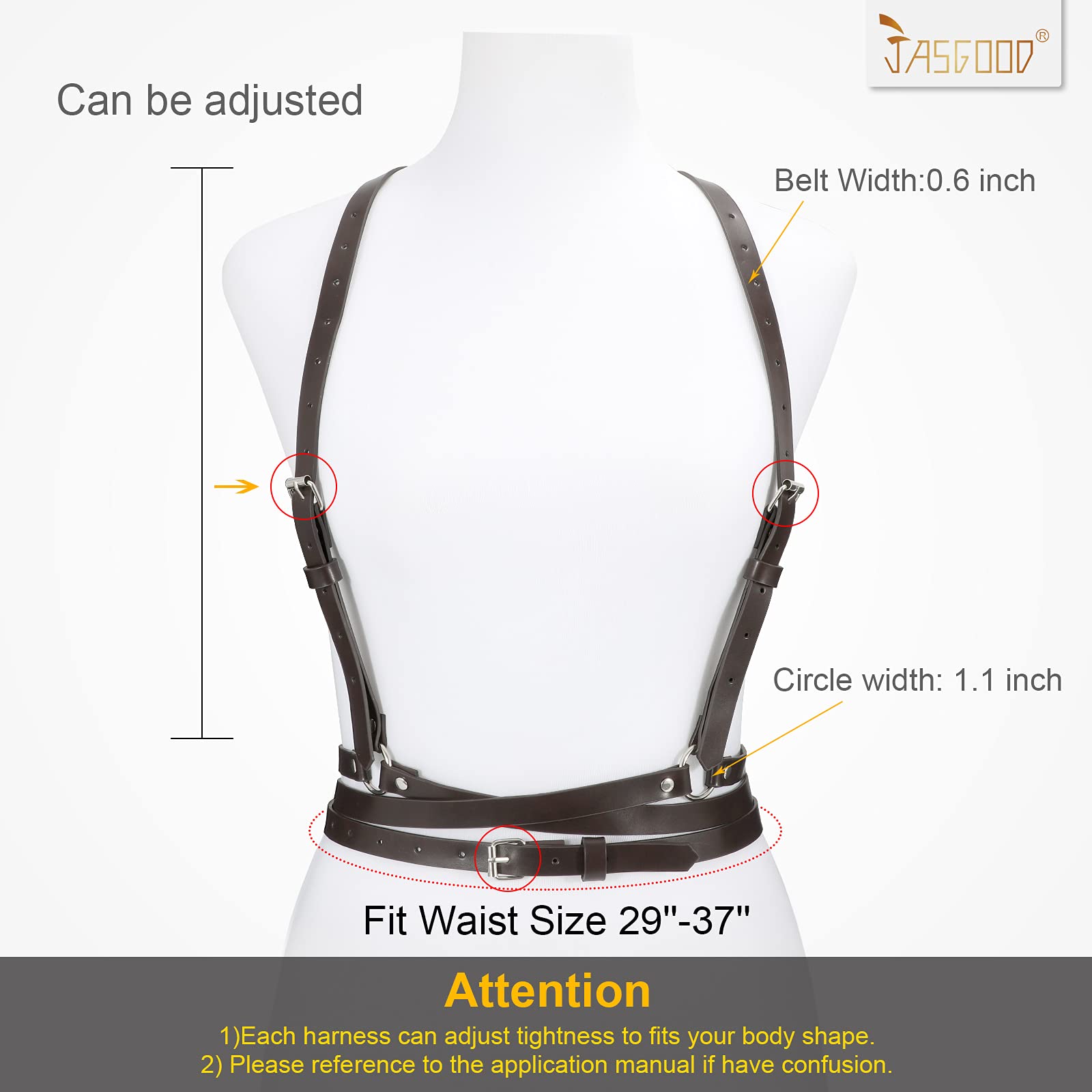 JASGOOD Punk Waist Belt Women PU Leather Skinny Body Adjustable Belts with Gothic Circle for Party