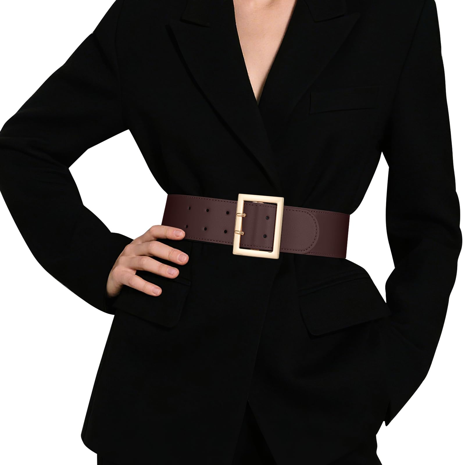 JASGOOD Women Wide Elastic Waist Belt for Dresses Fashion Gold Square Buckle Stretchy Leather Waistband for Ladies