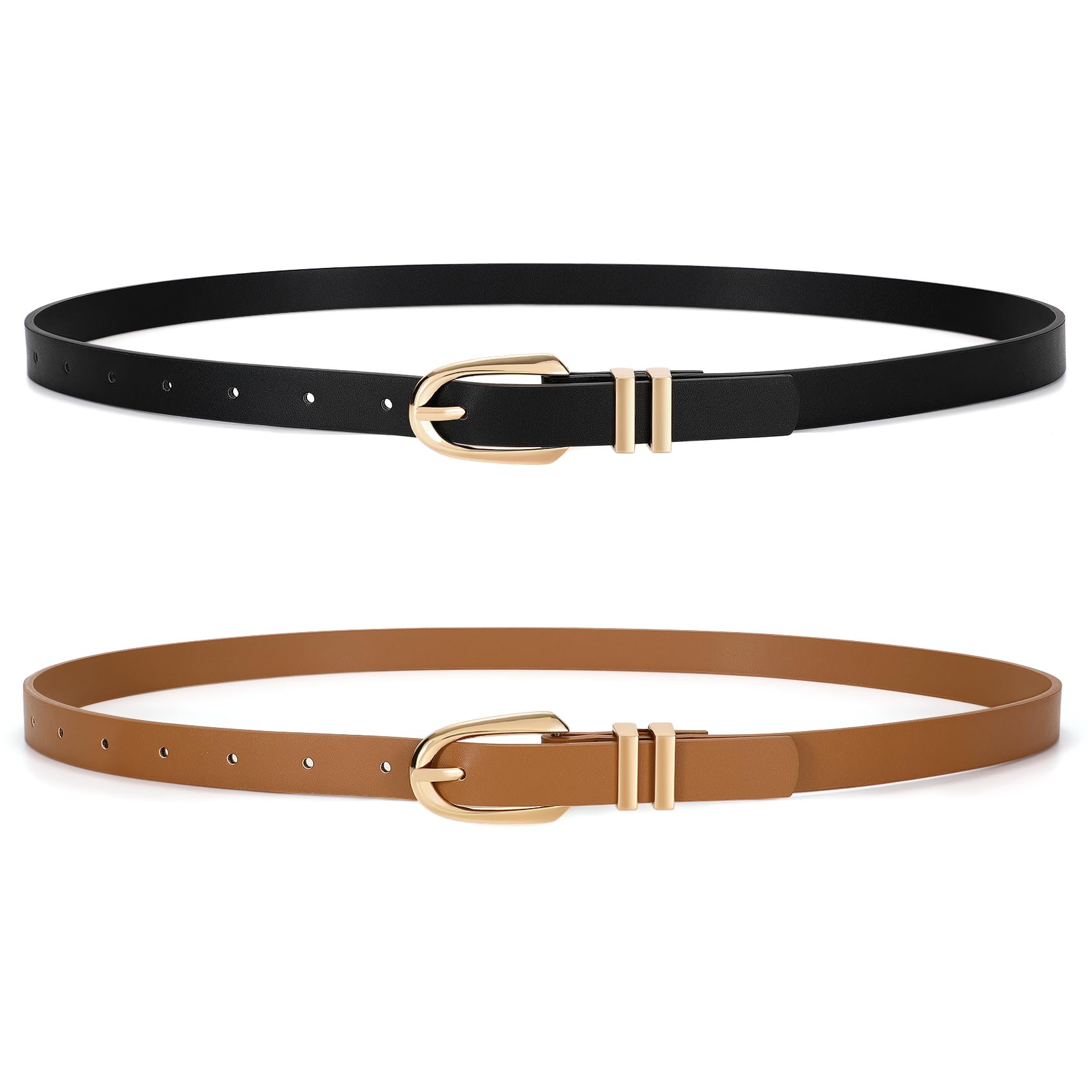 JASGOOD 2 Pack Women Skinny PU Leather Belt Ladies Thin Leather Plus Size Waist Belt for Jeans Dress with Gold Buckle