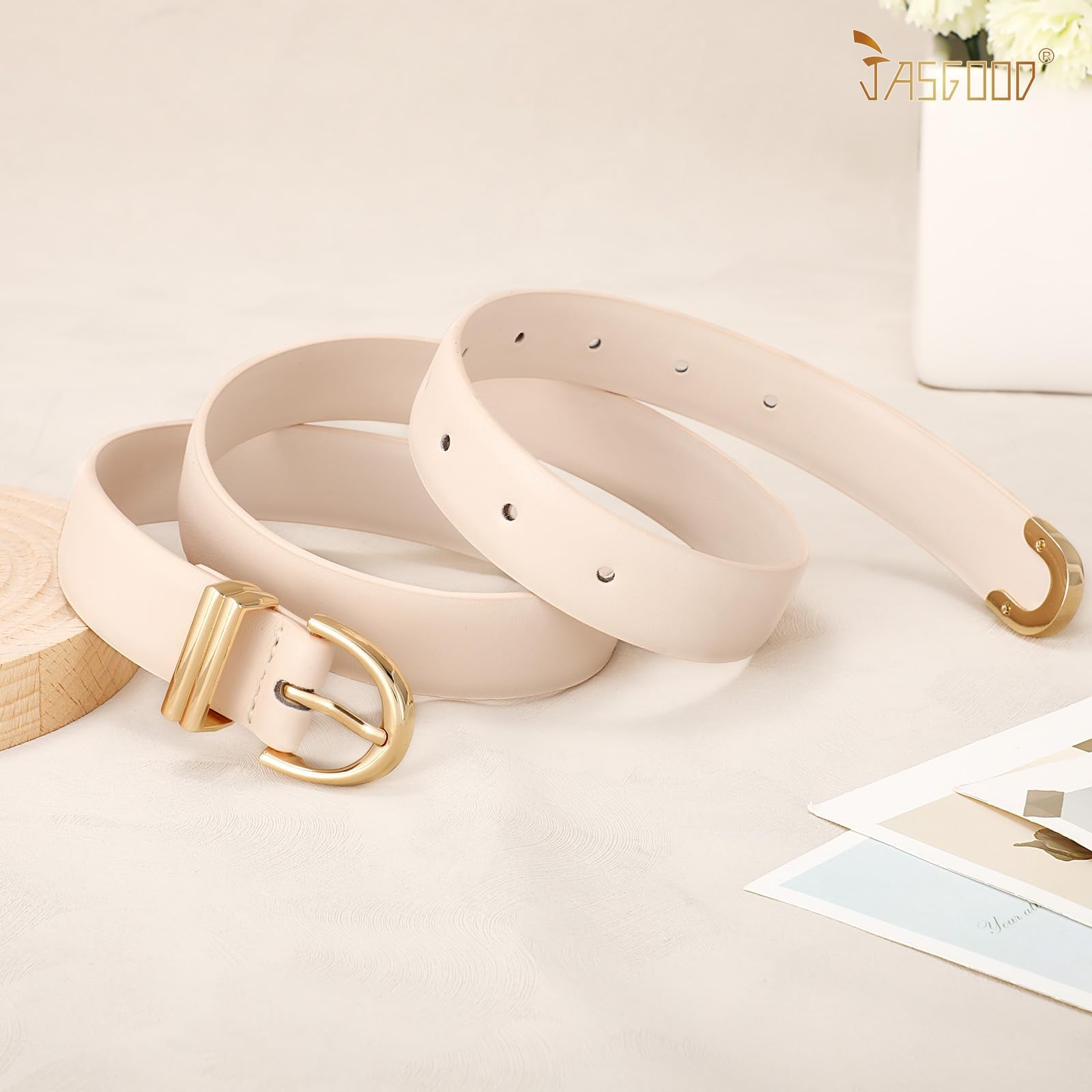 JASGOOD Women Leather Belt for Jeans Pants Fashion Gold Buckle Ladies Waist Belt
