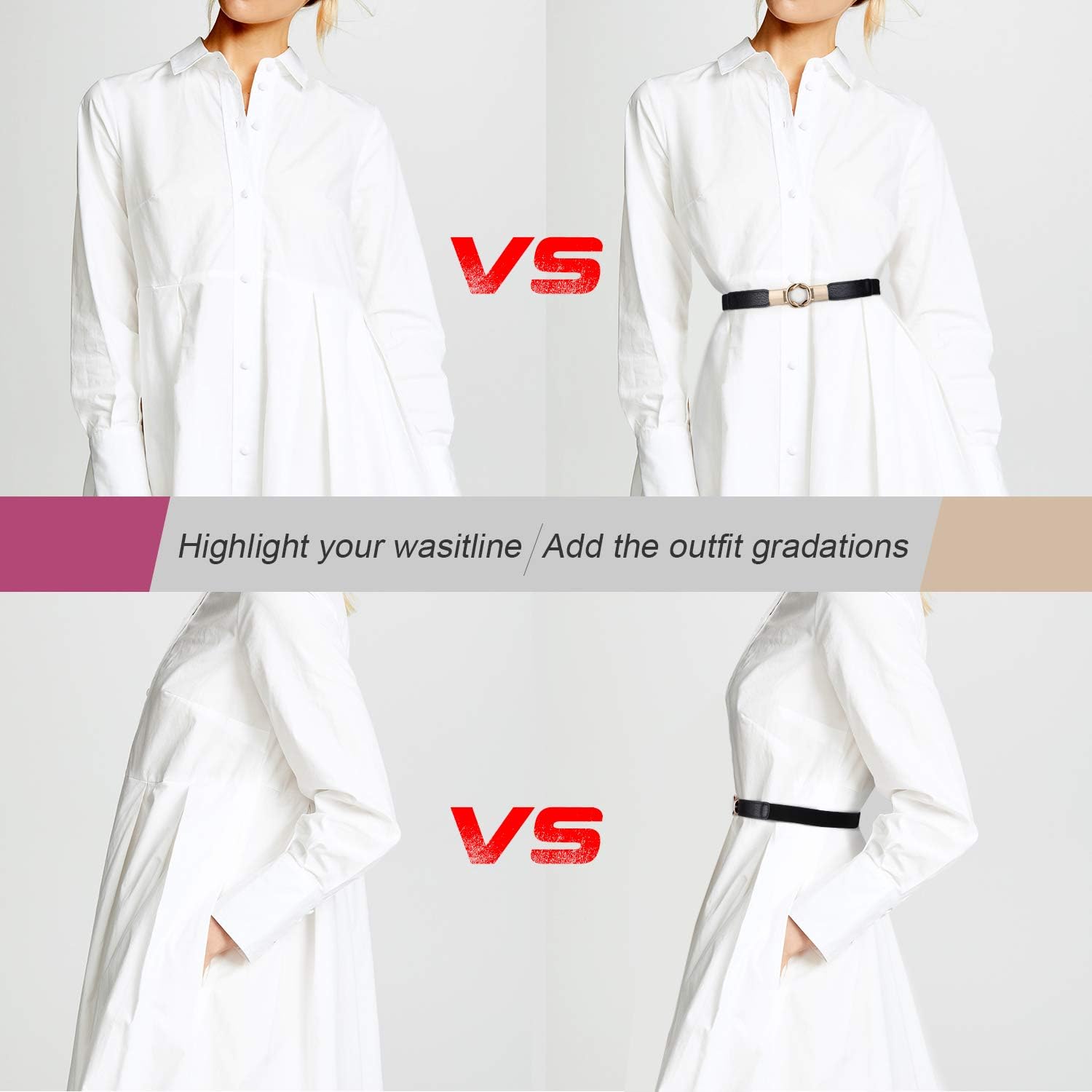 WERFORU Women Thin Elastic Belts,Skinny Stretch Vintage Fashion Waistband for Dress with Gold Buckle 4 Pack