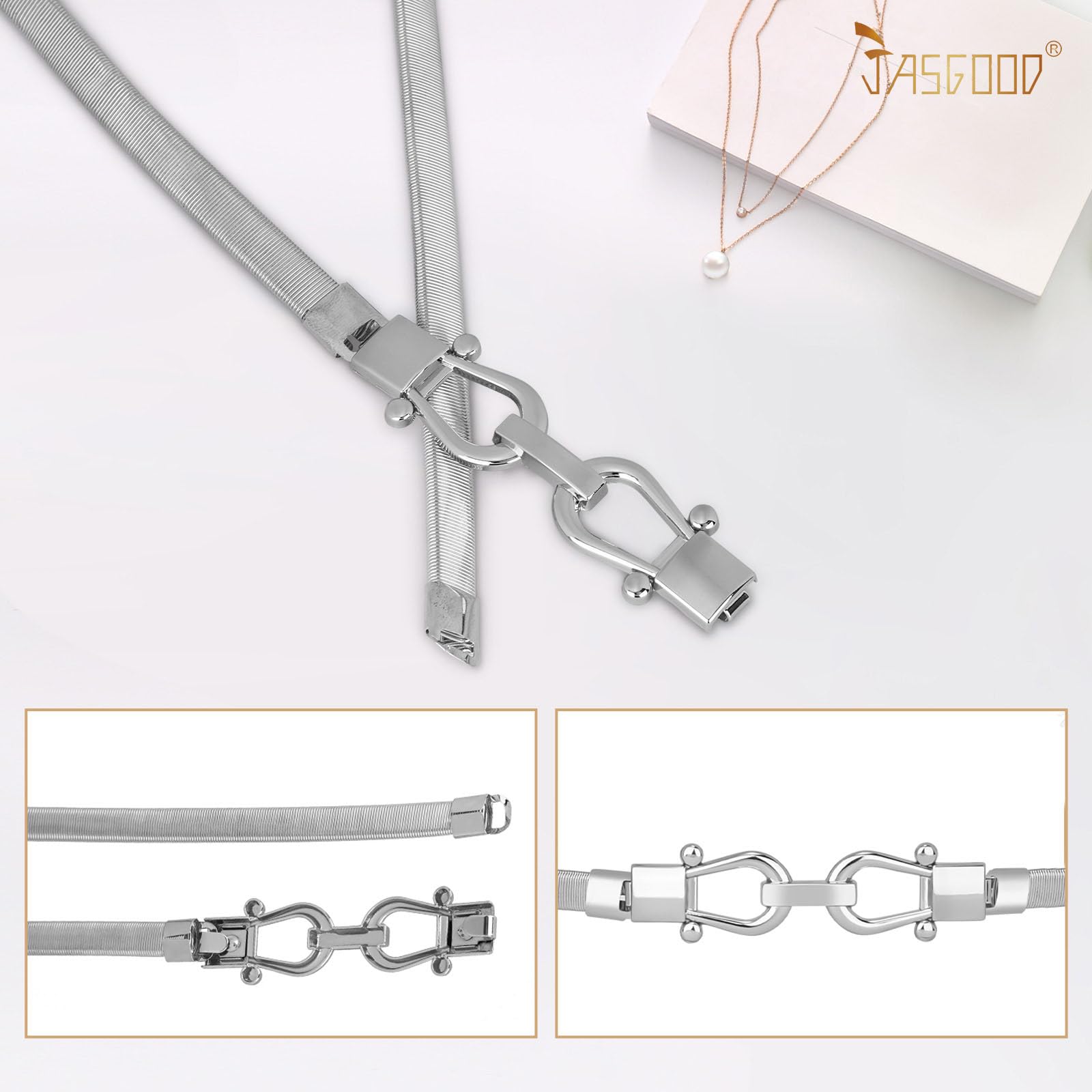JASGOOD Skinny Metal Waist Belt for Dress Fashion Waistband Elastic Metal Chain Belt - JASGOOD OFFICIAL
