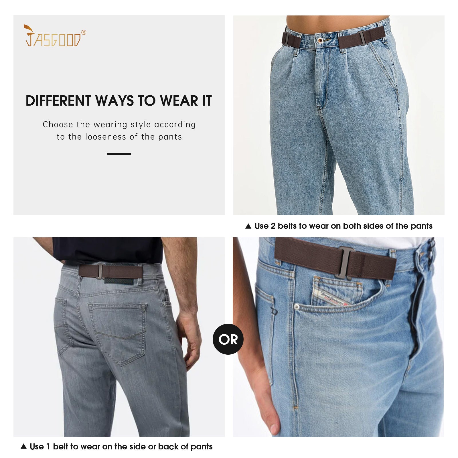 JASGOOD No Show Elastic 2 Loops Belt for Men,No Buckle Stretch Side Belt Pant Waist Tightener for Jeans - JASGOOD OFFICIAL