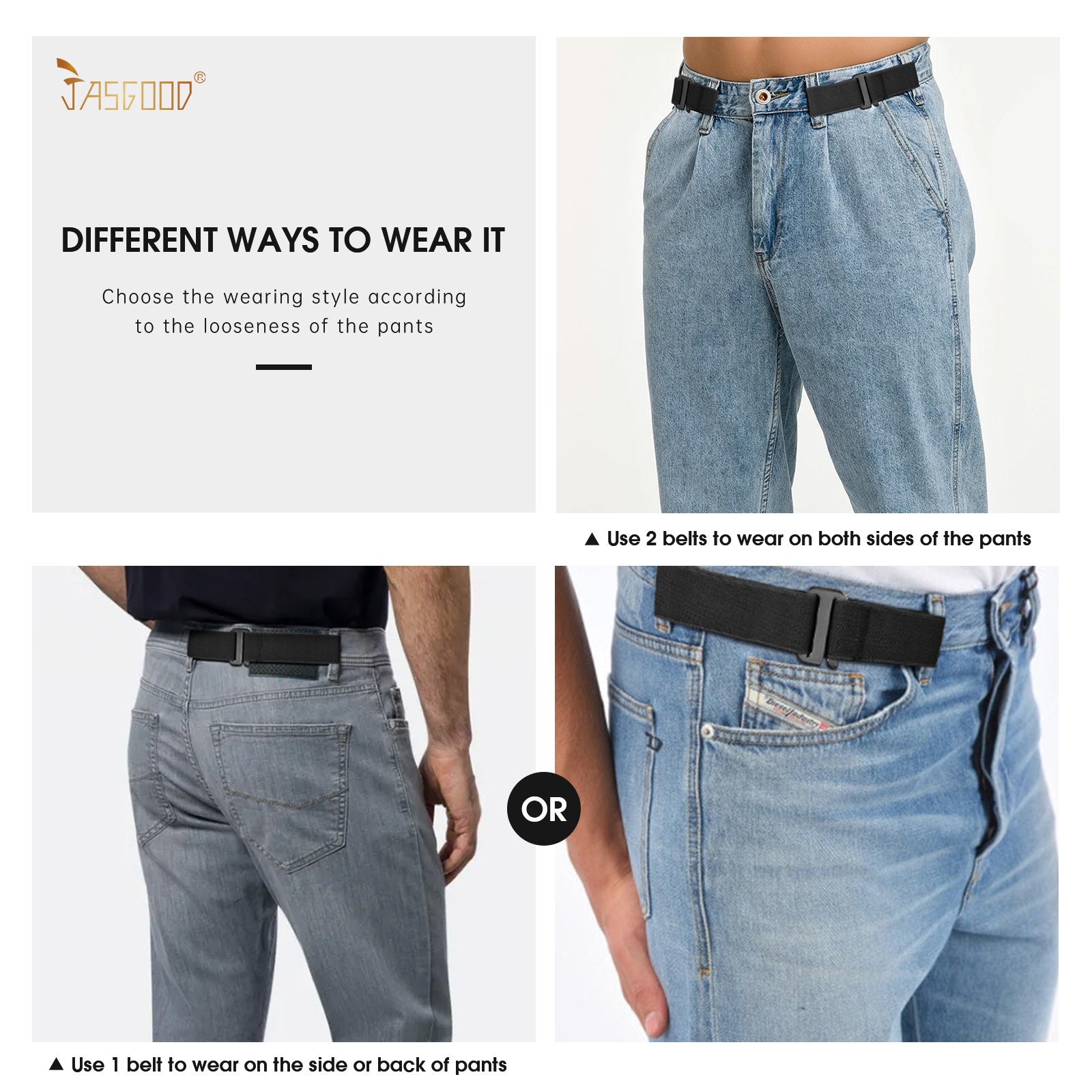 JASGOOD No Show Elastic 2 Loops Belt for Men,No Buckle Stretch Side Belt Pant Waist Tightener for Jeans - JASGOOD OFFICIAL