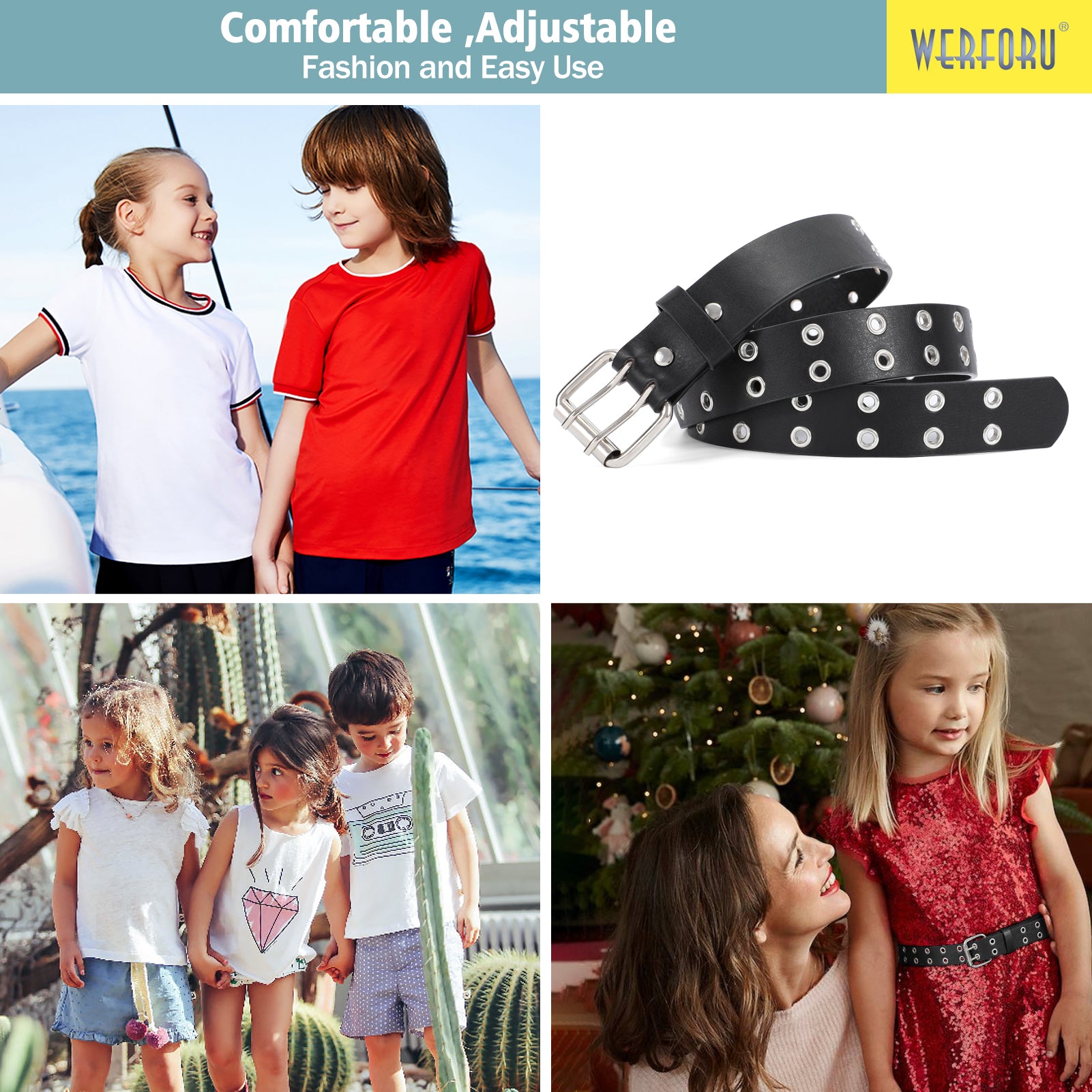 Kids Double Grommet Pu Leather Studded Holes Belt - JASGOOD OFFICIAL