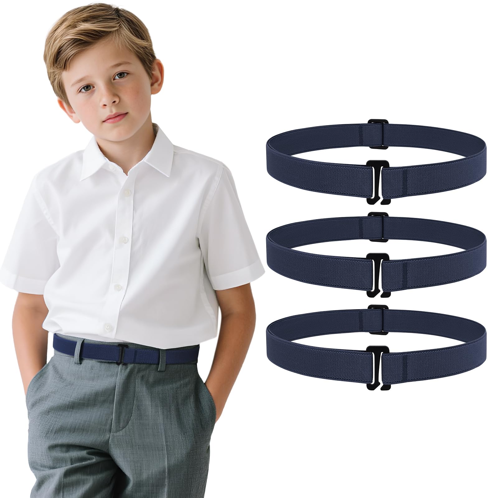 JASGOOD 3 Pack Kids No Show Stretch Belt for Boys Girls Jeans invisible Nickel Free Elastic Belt with Flat Buckle
