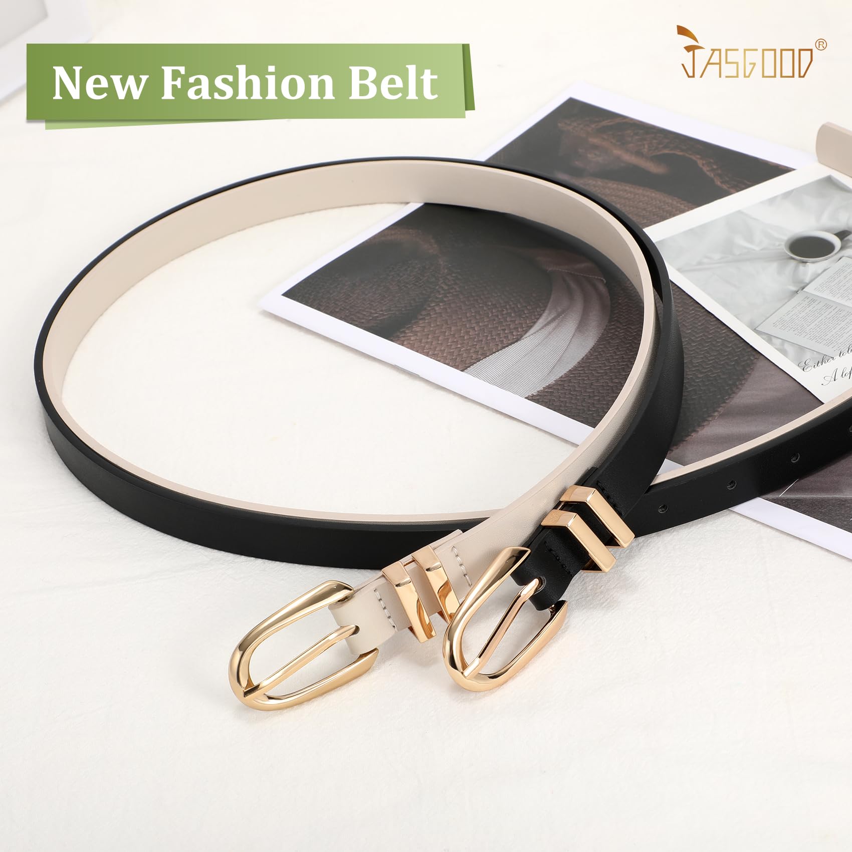 JASGOOD 2 Pack Women Skinny PU Leather Belt Ladies Thin Leather Plus Size Waist Belt for Jeans Dress with Gold Buckle