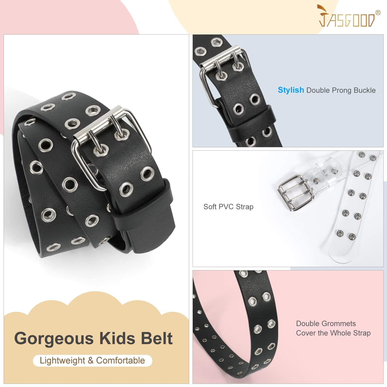 JASGOOD 2 Pack Kids Double Grommet Belt for Girls and Boys, PU Leather Kids Double Studded Holes Belt for Jeans Pants
