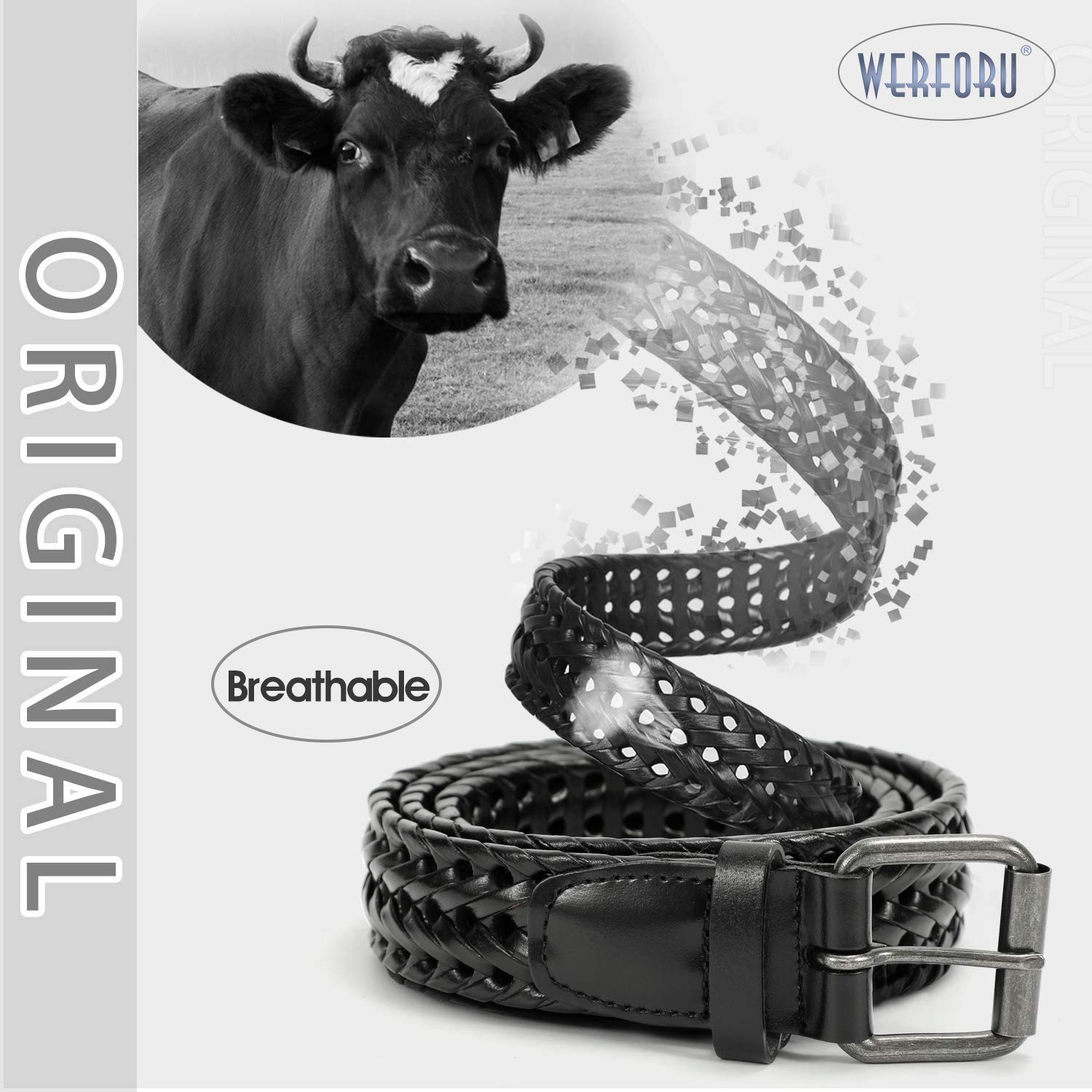 JASGOOD Men’s Leather Braided Belt, Leather Woven Belt for Jeans 1.3 Inch Wide with Prong Buckle
