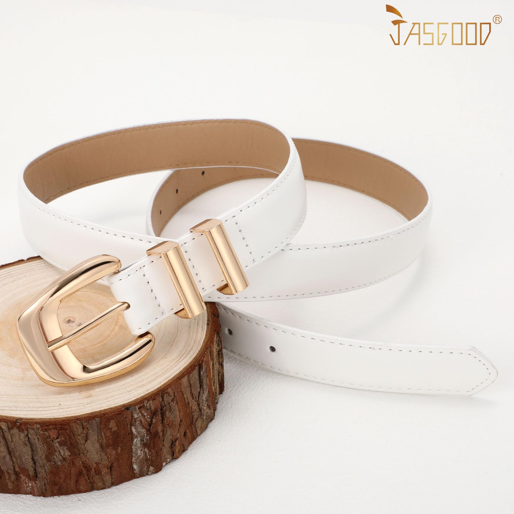 JASGOOD Women Leather Belt with Gold Buckle Plus Size Belt for Jeans Pants PU Leather Waist Belt for Ladies