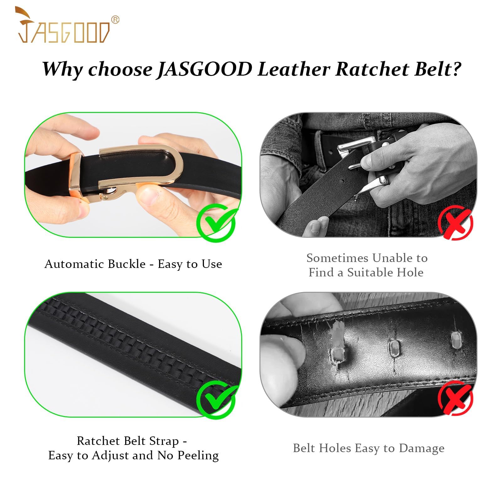 JASGOOD Women Leather Ratchet Belt for Jeans Pants Dresses Adjustable Belt with Automatic Sliding Buckle, Width 1.2" - JASGOOD OFFICIAL