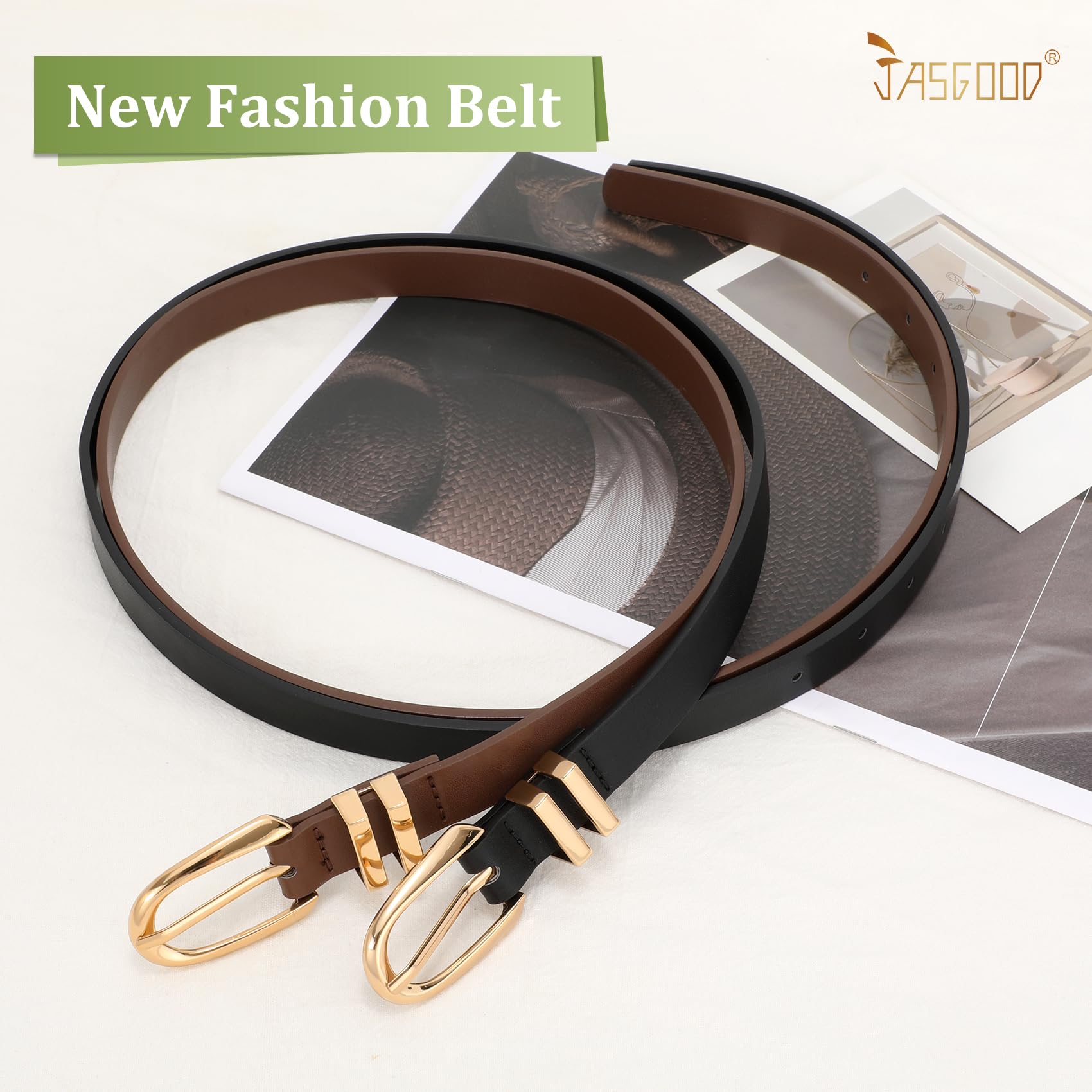 JASGOOD 2 Pack Women Skinny PU Leather Belt Ladies Thin Leather Plus Size Waist Belt for Jeans Dress with Gold Buckle