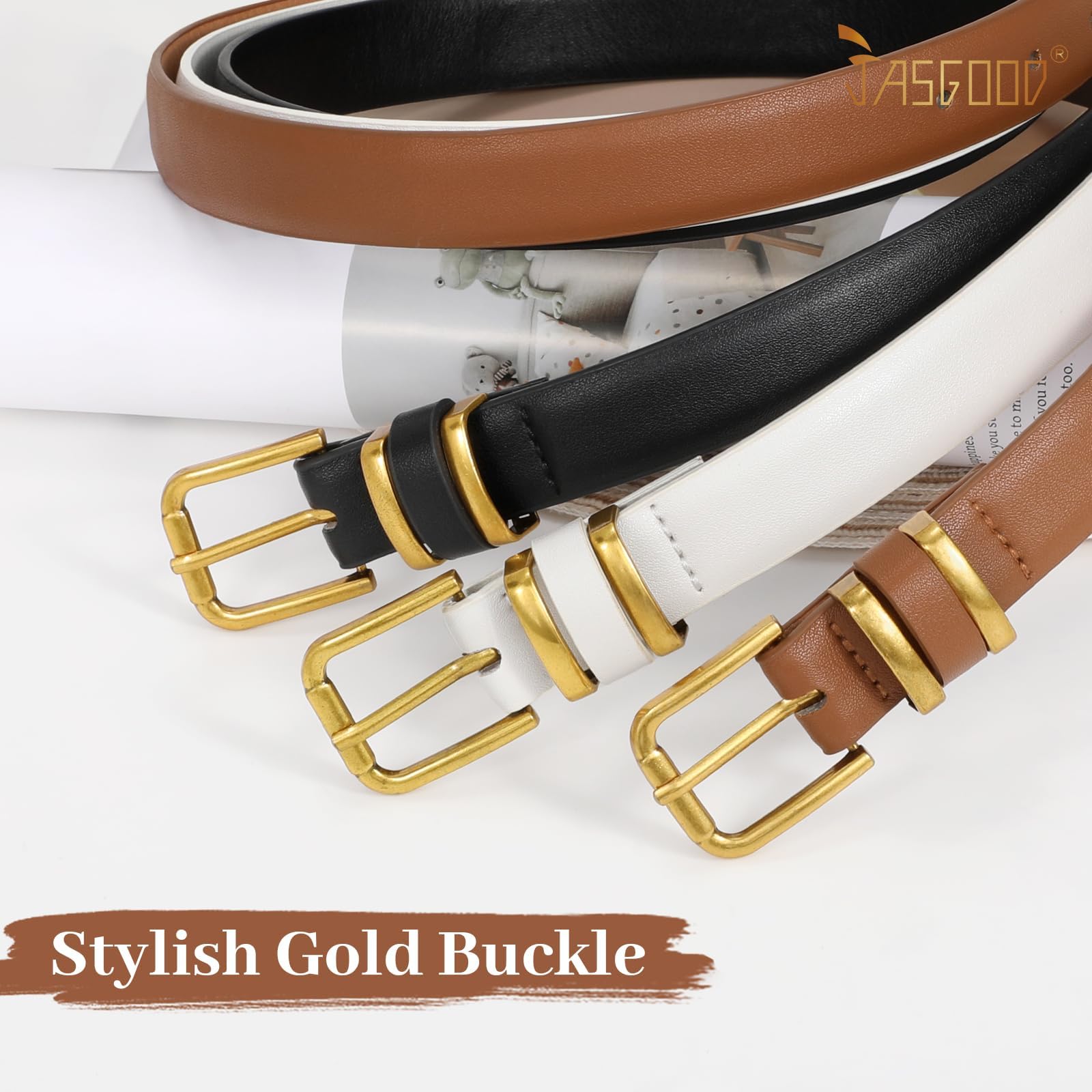 JASGOOD 3 Pack Belts for Women Belt for Jeans Pants Dress Ladies Leather Fashion Waist Thin Belts with Gold Buckle