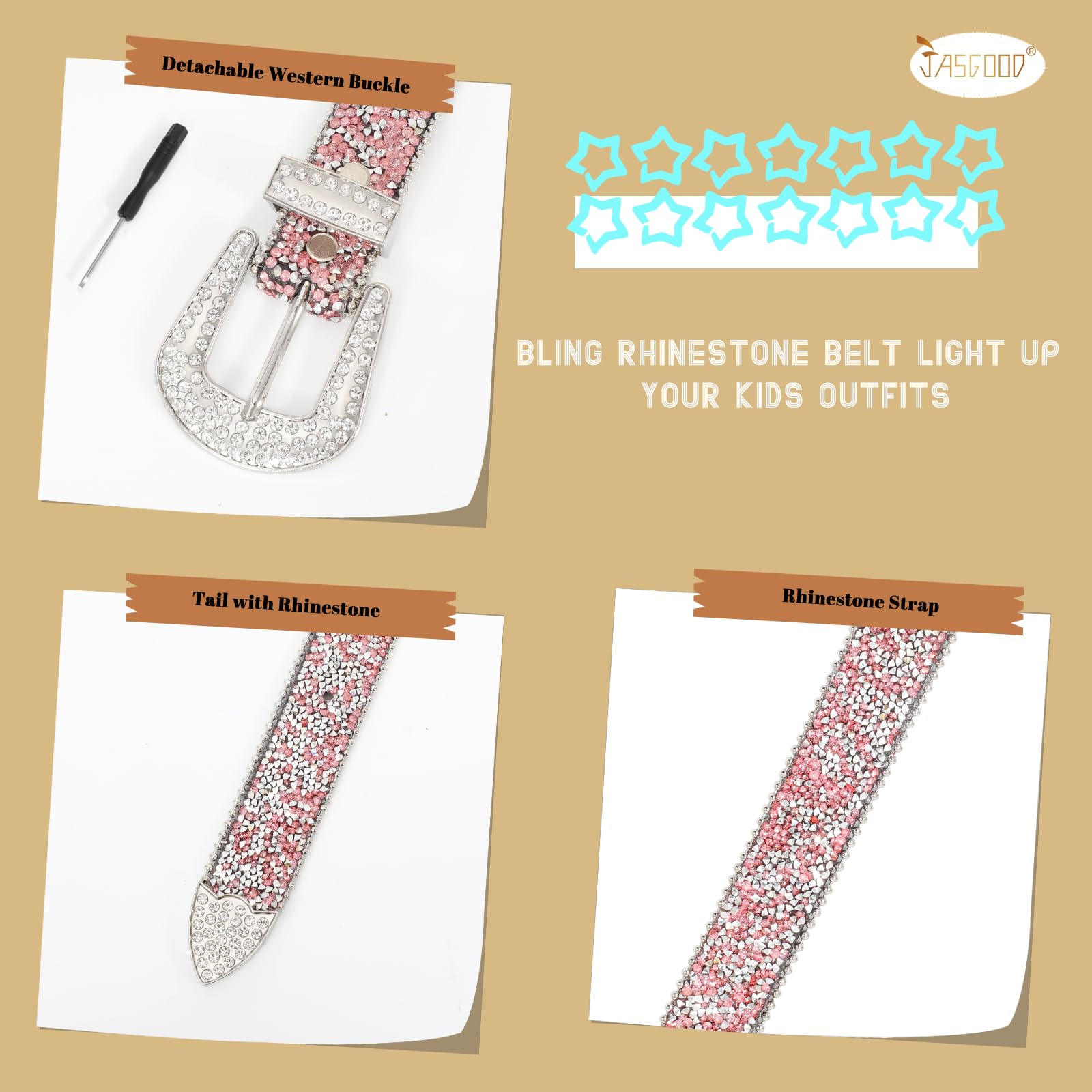 JASGOOD Kids Rhinestone Belt for Girls and Boys,Western Cowgirl Cowboy Bling Studded Leather Belt for Jeans Dress