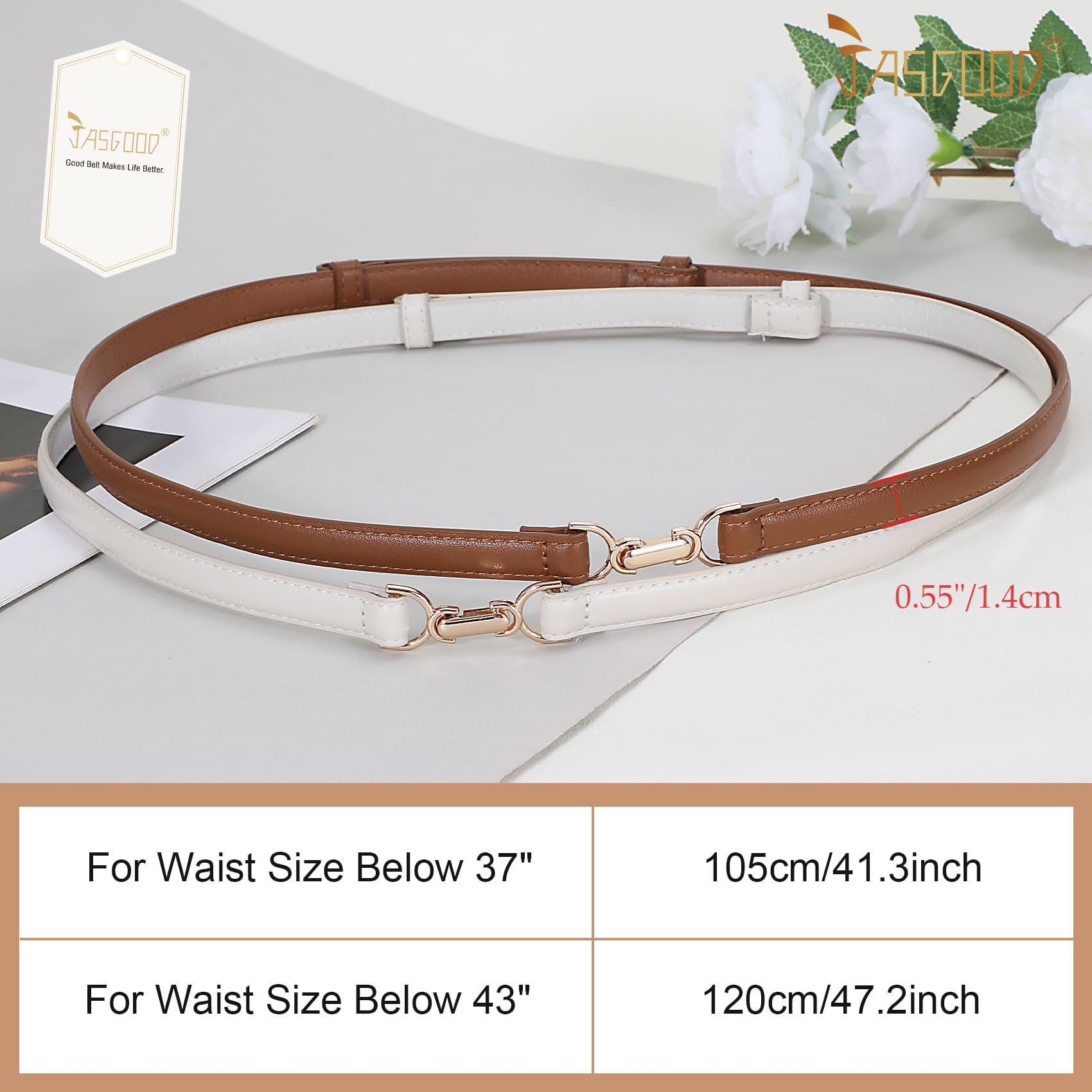 JASGOOD 2 Pack Women Skinny Faux Leather Belts Thin Waist Belts With Adjustable Gold Buckle for Dresses Jeans