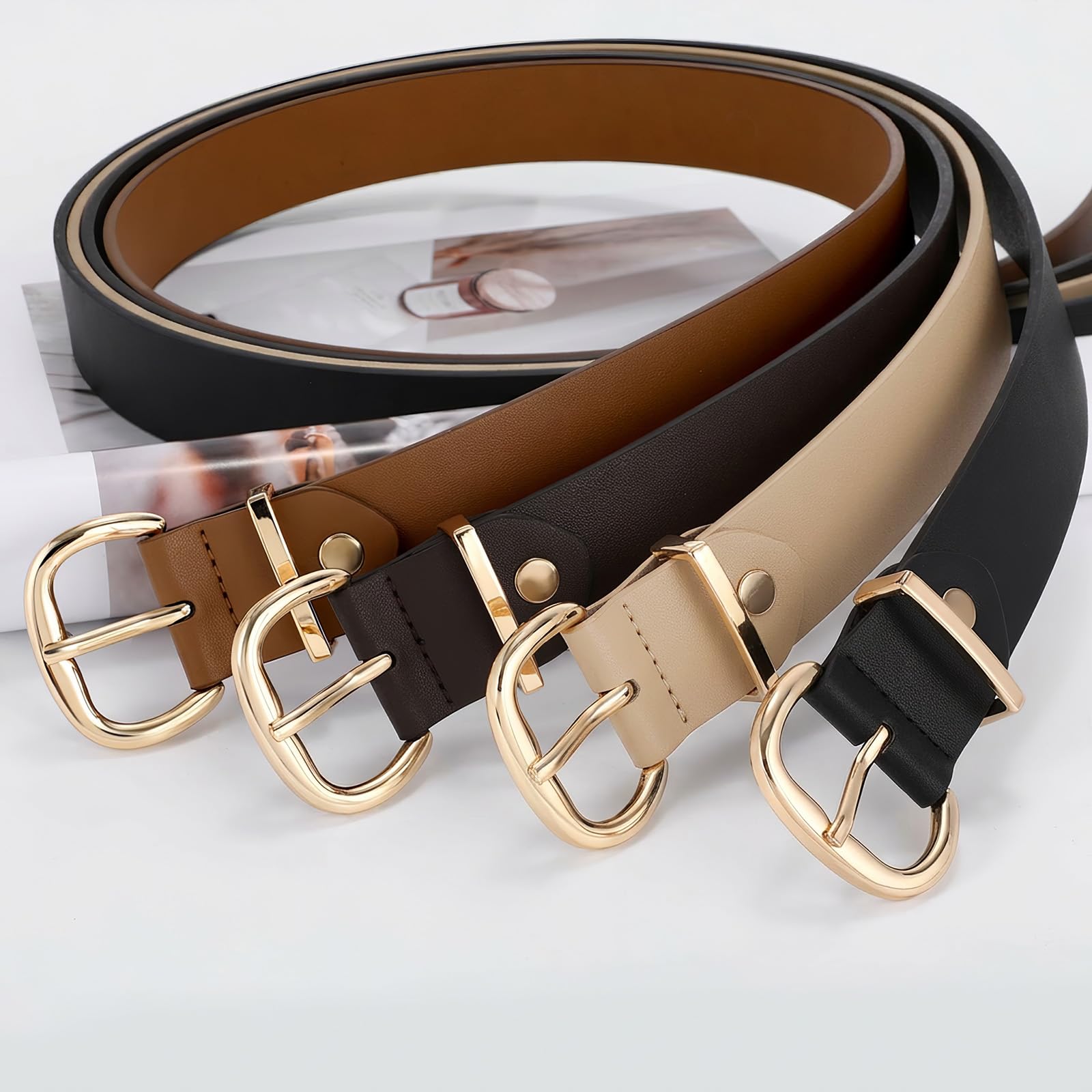 JASGOOD 3 Pack Belts for Women Leather Waist Belts for Jeans Dresses Pants Ladies Fashion Belt with Gold Buckle