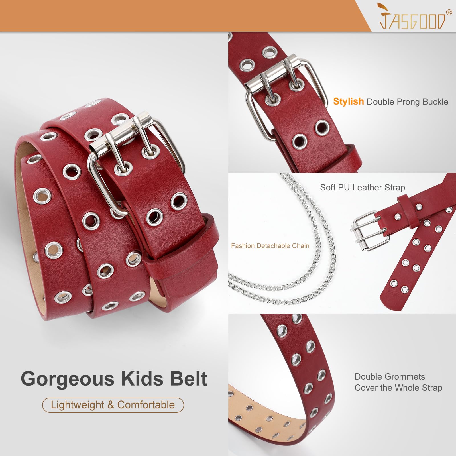 JASGOOD Kids Double Grommet Belt for Girls and Boys, PU Leather Kids Double Studded Holes Belt for Jeans Pants - JASGOOD OFFICIAL